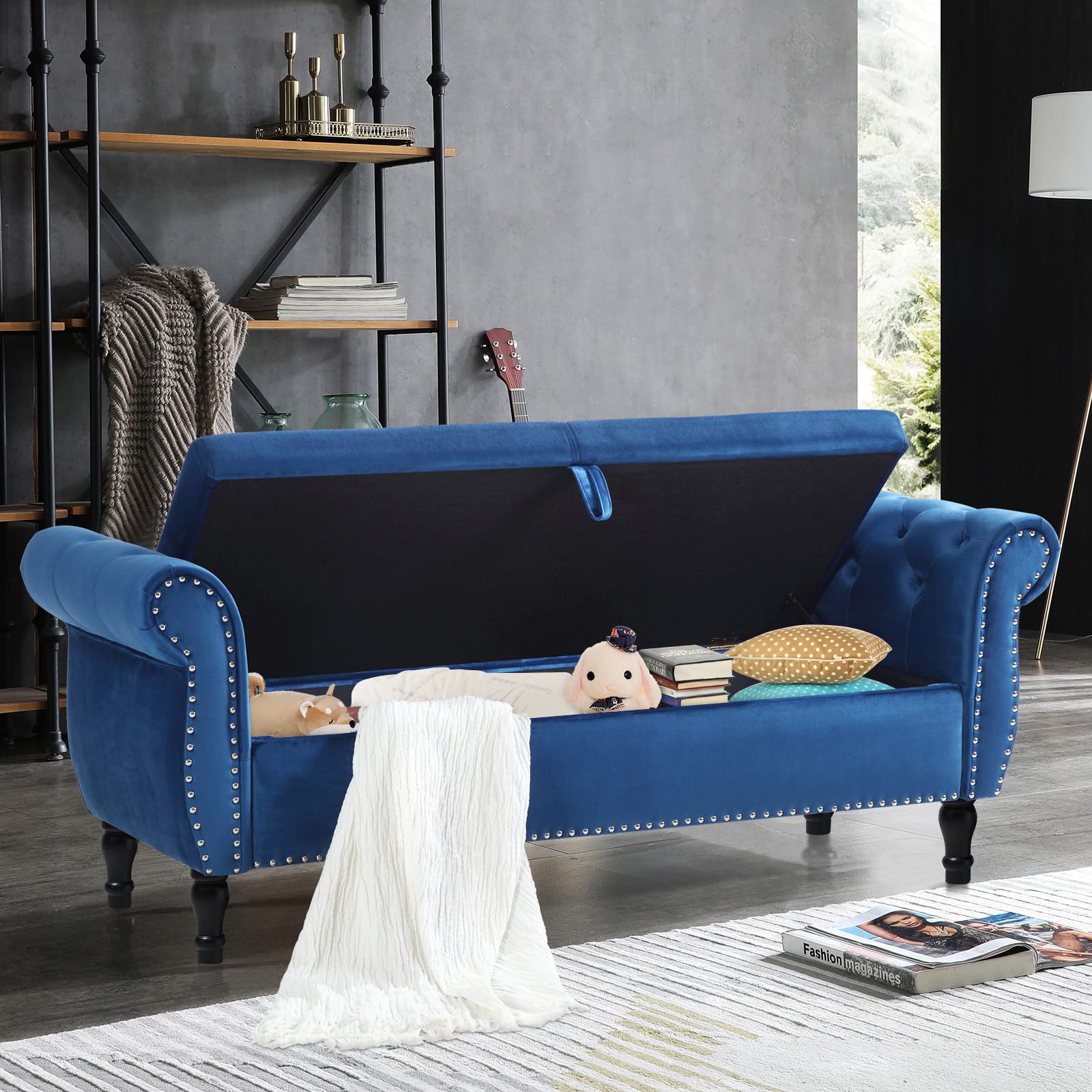 Velvet Storage Ottoman Bench, Mid Century Bench with Storage and Toss  Pillow, Tufted Upholstered Small End of Bed Storage Bench, Storage Benches