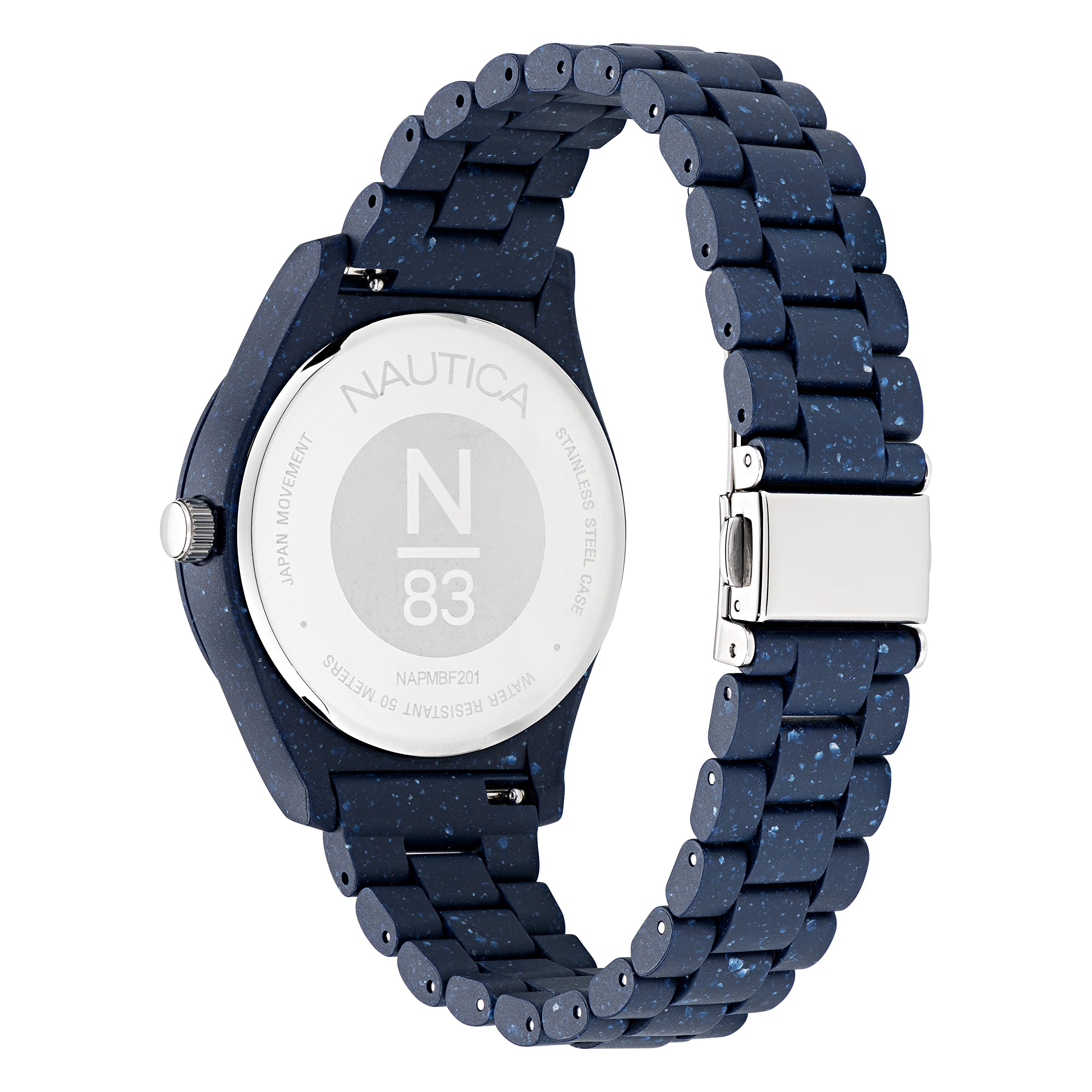 Nautica N83 N83 Mercury Bay Blue Blue Recycled Ocean Reloj de pulsera de plástico para hombre (modelo: NAPMBF201), Azul / Patchwork
