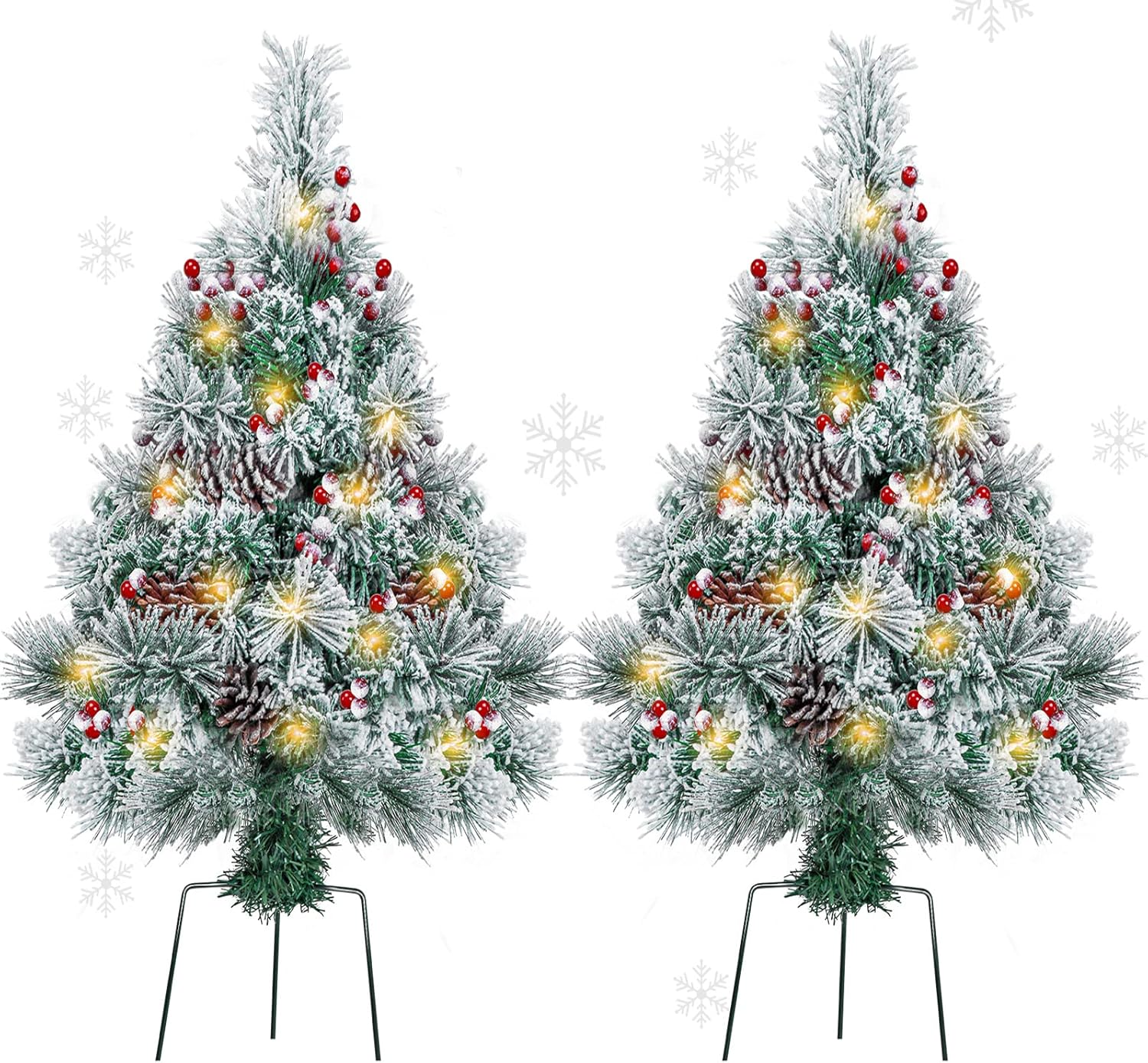 2.5FT Outdoor Christmas Tree Snow Flocked Pathway Artificial Christmas Trees Small Pre-Lit Pine Xmas Tree with Lights Battery Operated 8Mode for Porch, Yard, Outside, Grave(2pack)