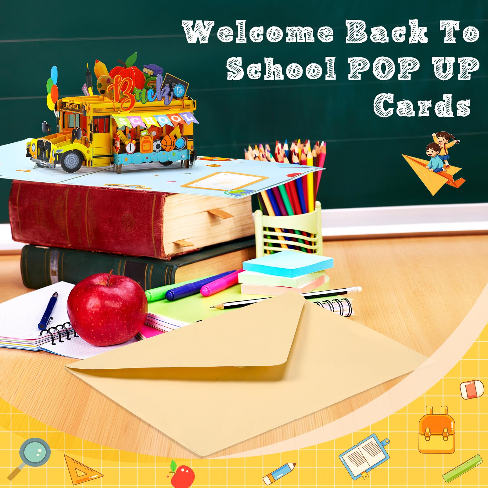 Teling Tarjeta desplegable de regreso a clases con sobre para niños, tarjeta de felicitación 3D para el primer día de escuela, autobús escolar, tarjetas de regalo para estudiantes de aula, nota de