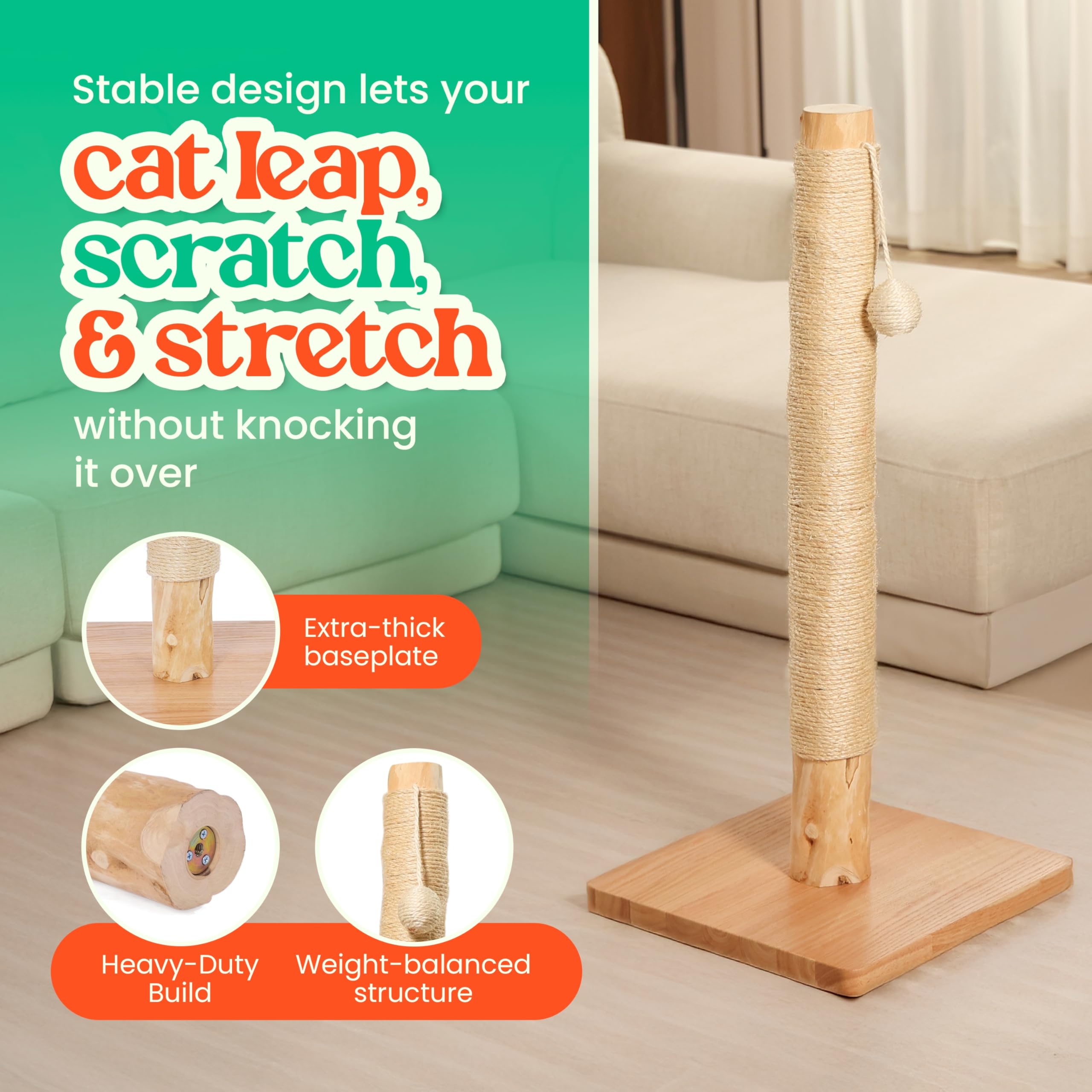 KONELCARE Premium 35" Cat Scratching Post – Natural Pear Wood, Sisal Rope, Rubber Wood Base with Oak Skin, Ideal for Large Cats, Free Rope Replacement - image 5