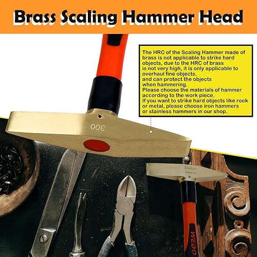 Miniatura 3 de WEDO Martillo de soldadura de latón con mango de fibra de vidrio, martillo escalador, martillo astillado, 10.58 oz, longitud 11.024 in (11 pulgadas)