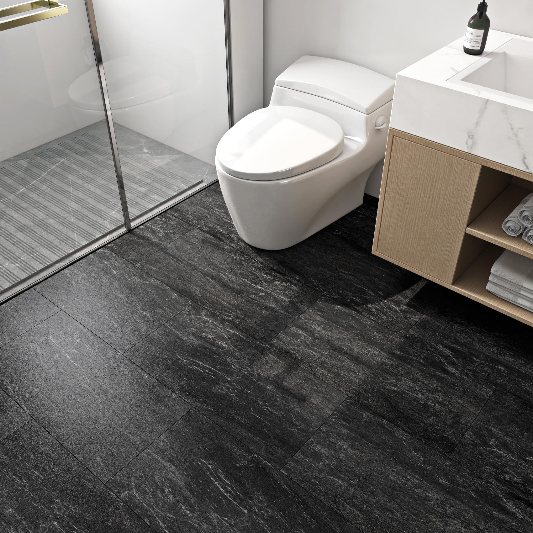 FunStick 12"x24" Marble Peel and Stick Floor Tile Black Grey Floor Tiles Peel & Stick Flooring Waterproof Removable Vinyl Flooring Peel and Stick Wall Tiles for Bathroom Kitchen Bedroom 5 Pcs