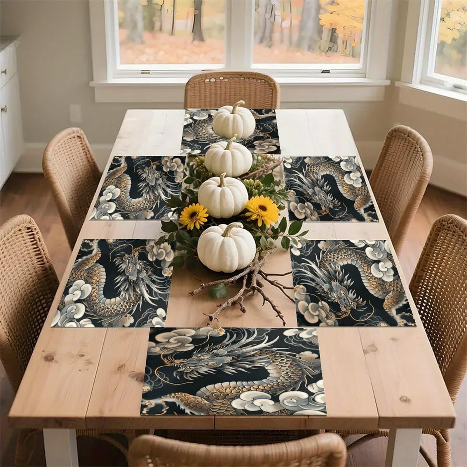 Black Oriental Dragon Placemats Heat-Resistant Washable Place Mats Anti Slip Dining Table Place Mats Wipeable Dining Table Mats Kitchen Decoration Placemats 17.7’’×11.8’’
