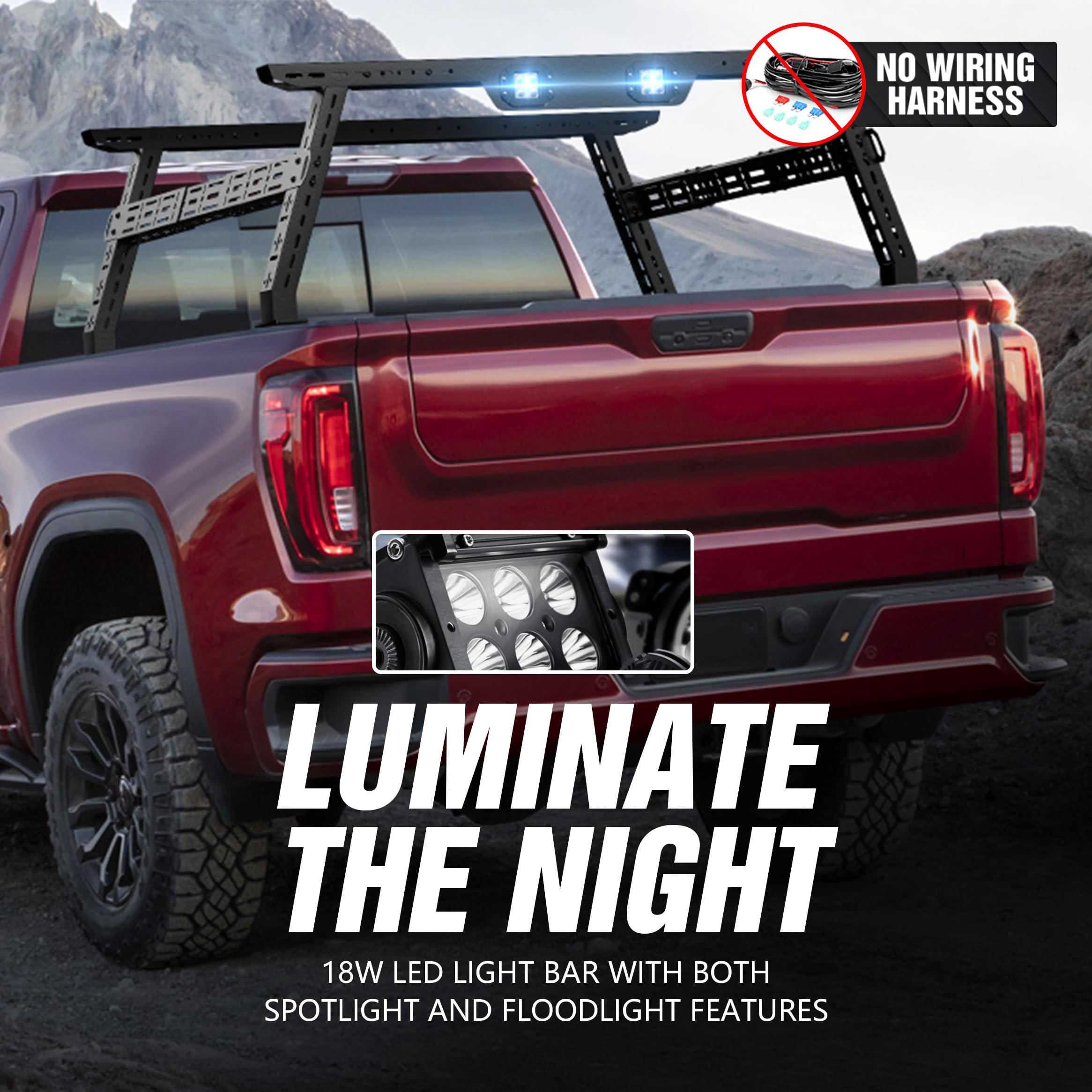 Overland Bed Rack For Chevy Colorado & GMC Canyon - 22.3" High, 1000 Lb Capacity, Includes 2 LED Lights