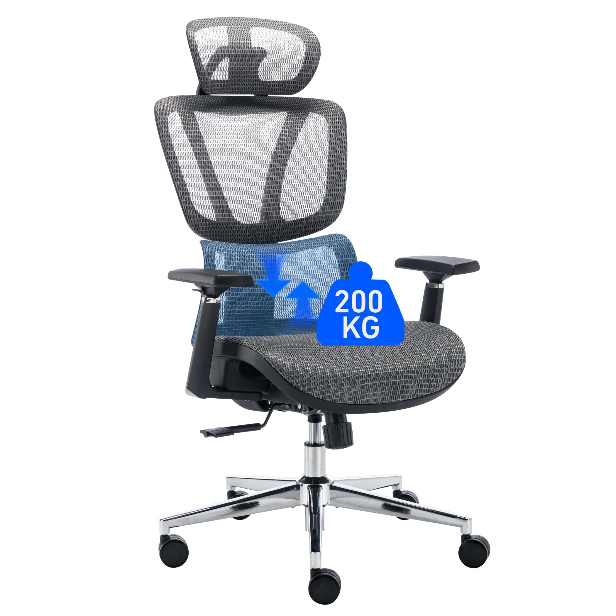BRTHORY Silla de Oficina Ergonómica de Escritorio, Malla Transpirable, con Soporte Lumbar Ajustable/Reposabrazos 3D/Reposacabezas, Función de Balanceo/Regulable en Altura, Carga de 200 kg