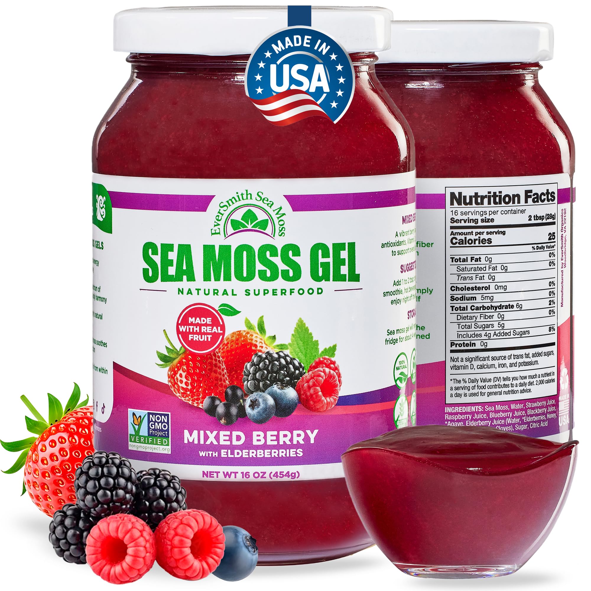 EverSmith Organics - Wildcrafted Irish Sea Moss Gel | Made in USA | Rich in Vitamins & Minerals | Sea Moss Gel Raw | Nutritional Supplement | Mixed Berry (16 oz)