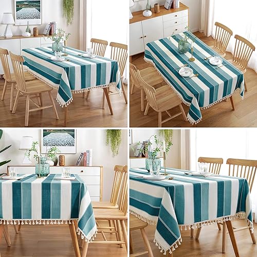 Miniatura 4 de AmHoo Mantel rectangular de tela de lino y algodón con borlas a rayas para mesa de cocina, comedor, 55 x 70 pulgadas, color verde azulado