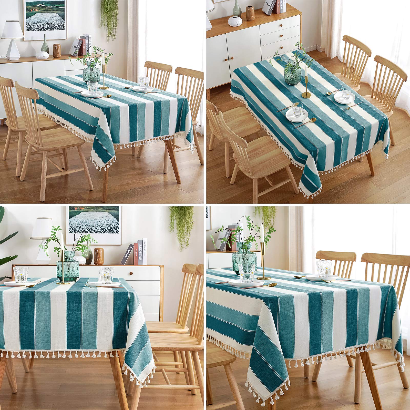 AmHoo Mantel de tela de lino y algodón a rayas, con borlas, para mesa de cocina, comedor, mesa de 137 x 137 cm, color verde azulado