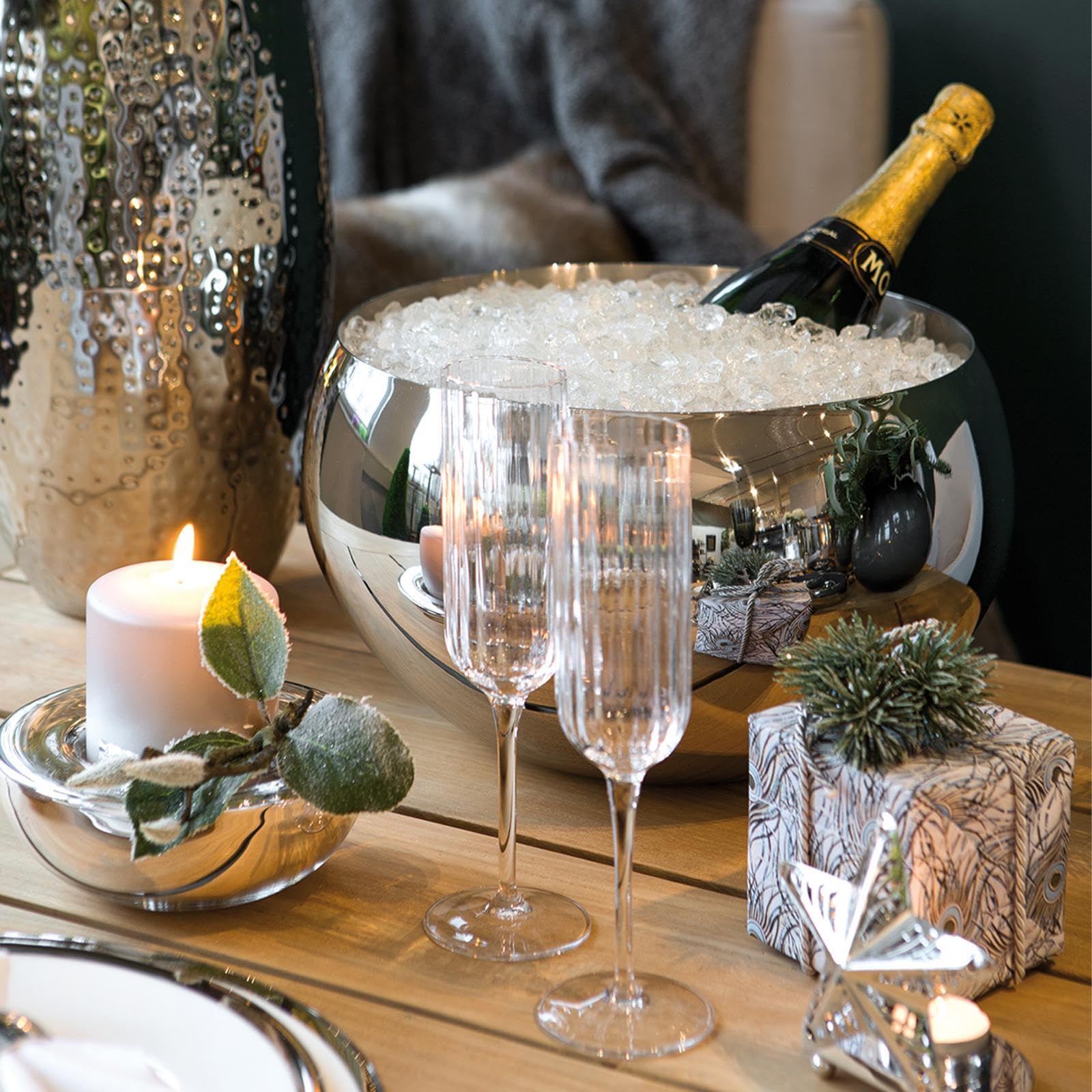 Fink Champagnerkühler doppelwandig Ø 30 cm Edelstahl in silberner Optik - runder Flaschenkühler für Champagner, Sekt & Wein - Zubehör für Tischkultur, Gartenfeiern, Wohnbereich & festliche Anlässe
