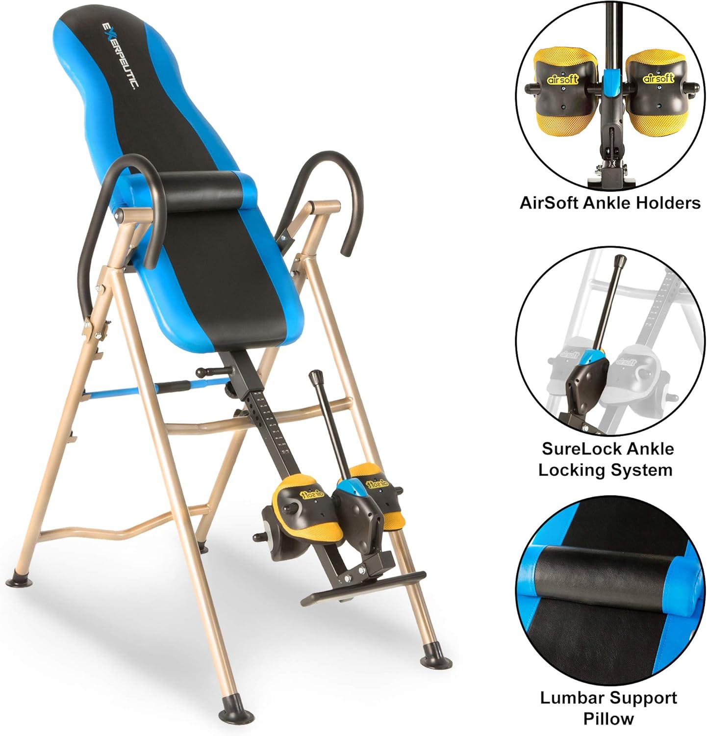 Exerpeutic 225SL Inversion Table with AIRSOFT No Pinch Ankle Holders, ‘SURELOCK’ Safety Ratchet System, and Lumbar Support : Sports & Outdoors