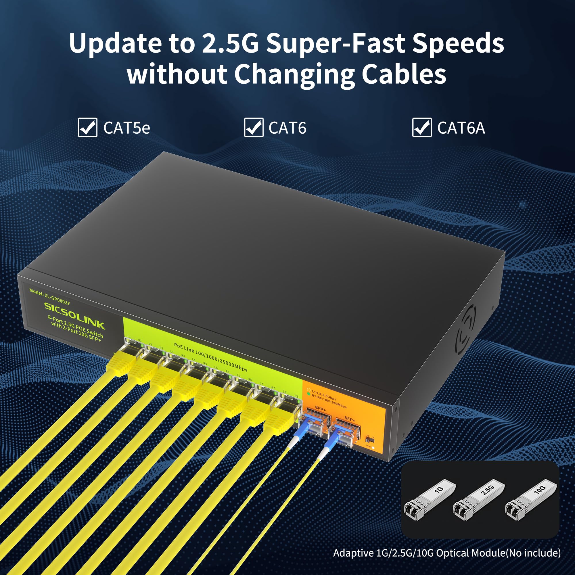 Switch PoE+ a 8 porte 2.5G con Uplink SFP+ 2×10G, Switch Ethernet non gestito da 120 W, IEEE 802.3af/at, Plug & Play per NAS, AP, PC da gioco - Protezione Lightning 6KV, custodia in metallo