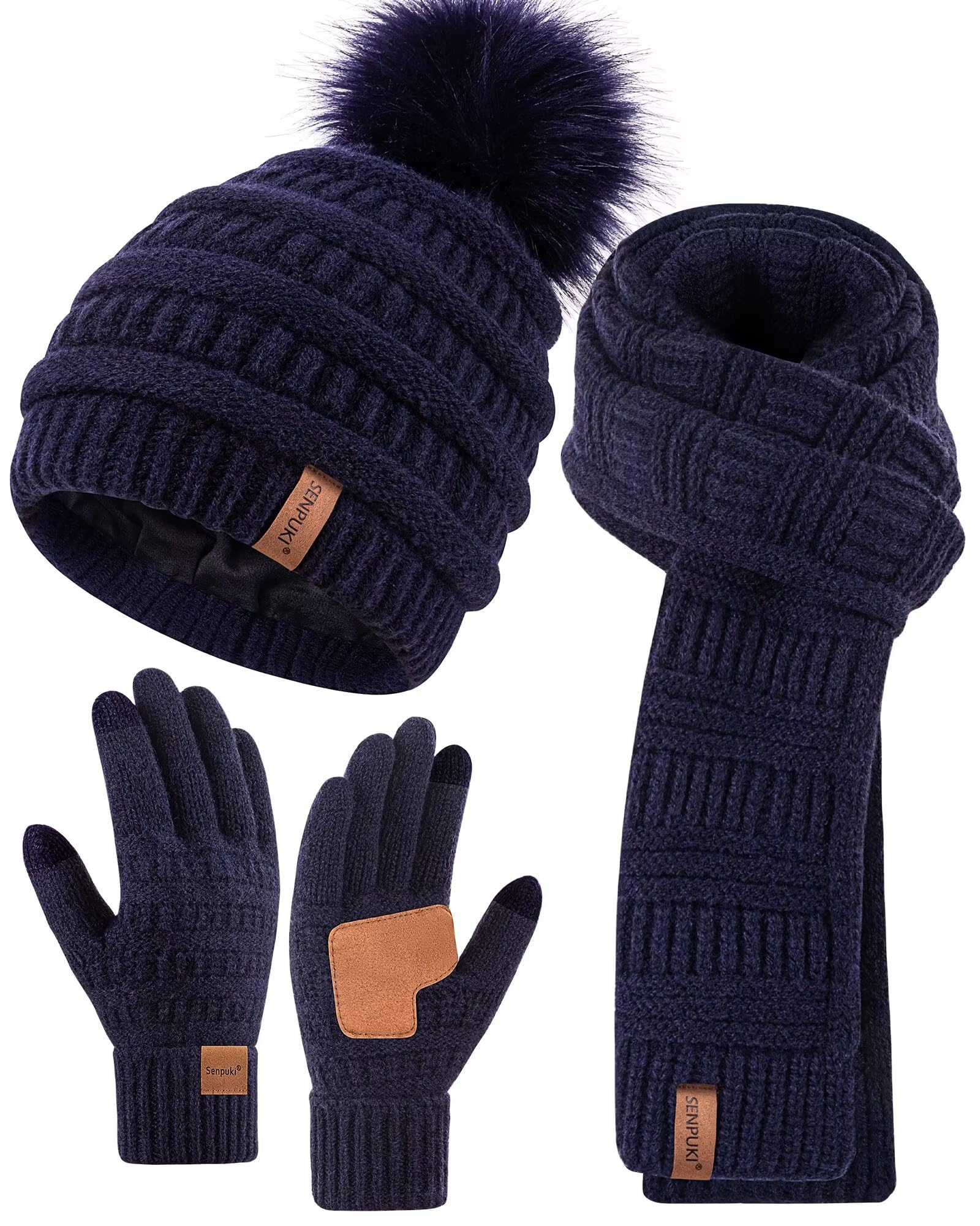 Womens Winter Beanie Scarf Gloves Set, Pom Pom Hat with Warm Fleece Lined Long Knit Scarf Touchscreen Gloves for Cold Weather-image-36