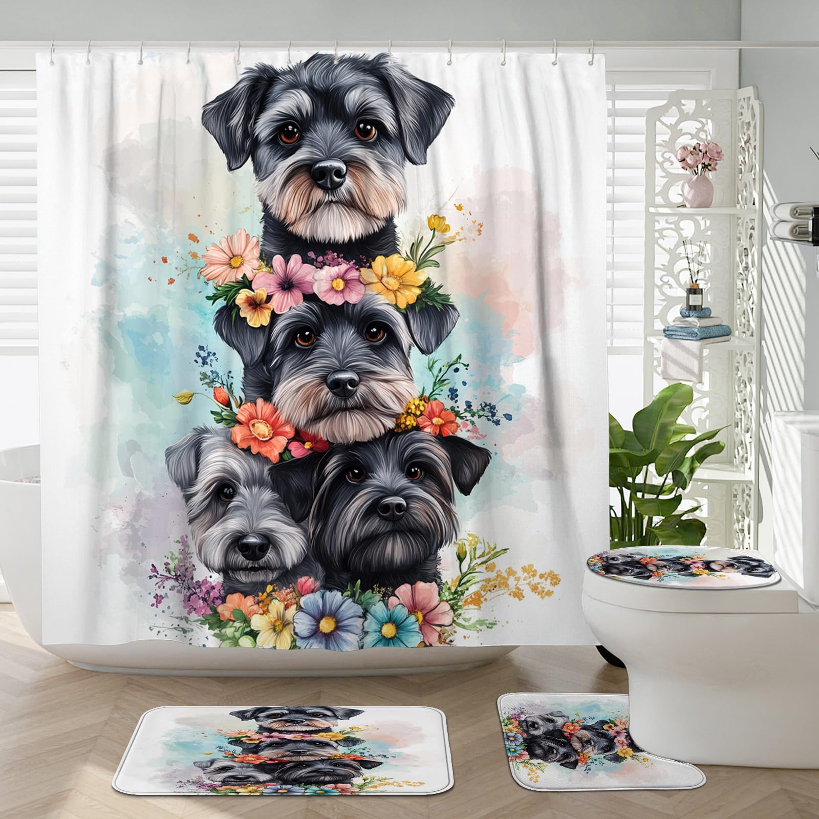 4PCS Spring Funny Schnauzer Dog Bathroom Accessory Sets with Non-Slip Rug, U Shape and Toilet Lid Cover Mat, Fun Flower Floral Bathroom Fabric Decor-72''x72''