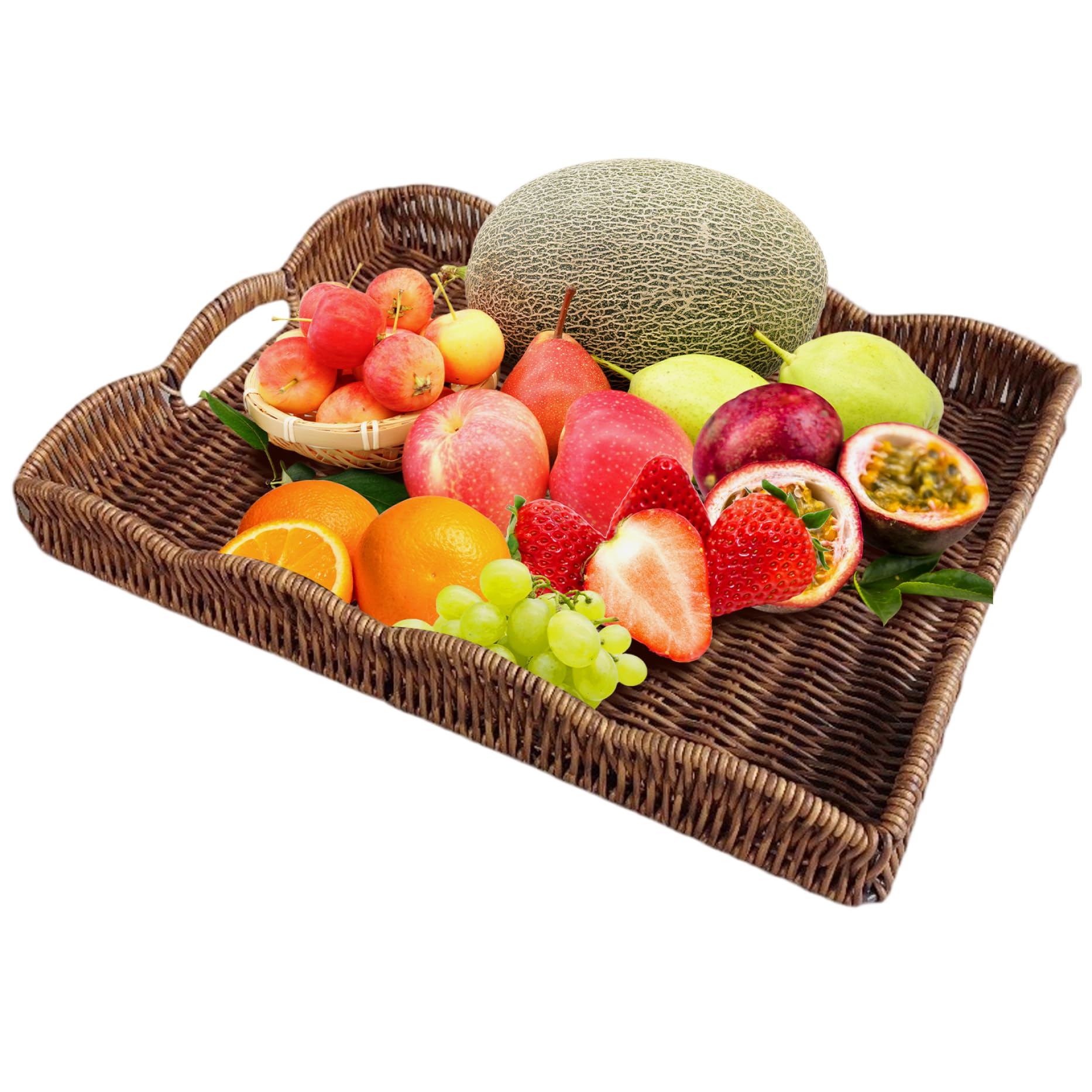 Scalloped Tray, Large Rectangle Wicker Tray with Built-in Handles, Decorative Serving Basket for Decorative & Organizing, 14.8x11x2 Inch Scalloped, Large Serving, Wicker,