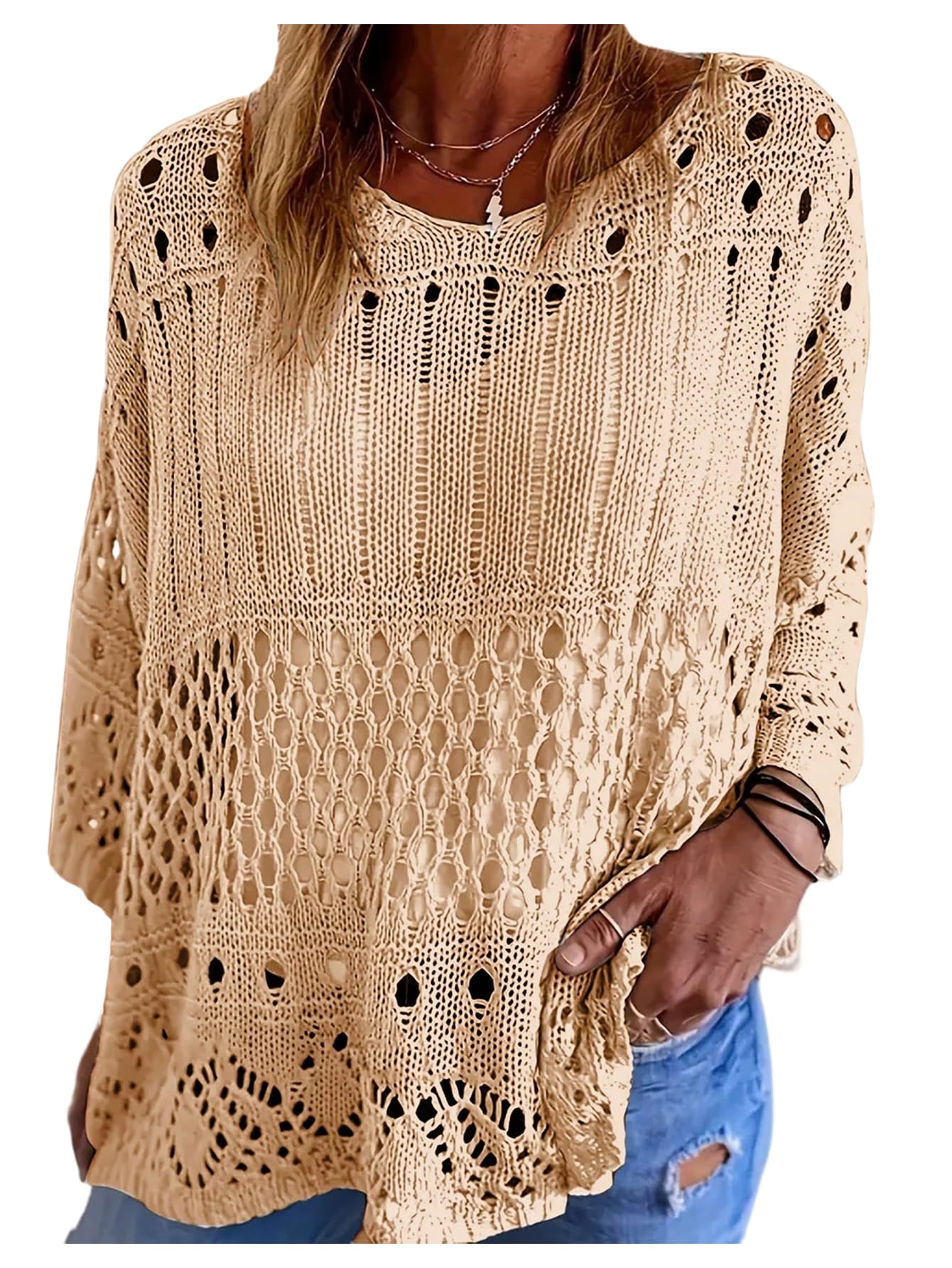 Womens Plus Size Crochet Sweater Hollow Out 3 4 Sleeve Oversized Coverup Pullover