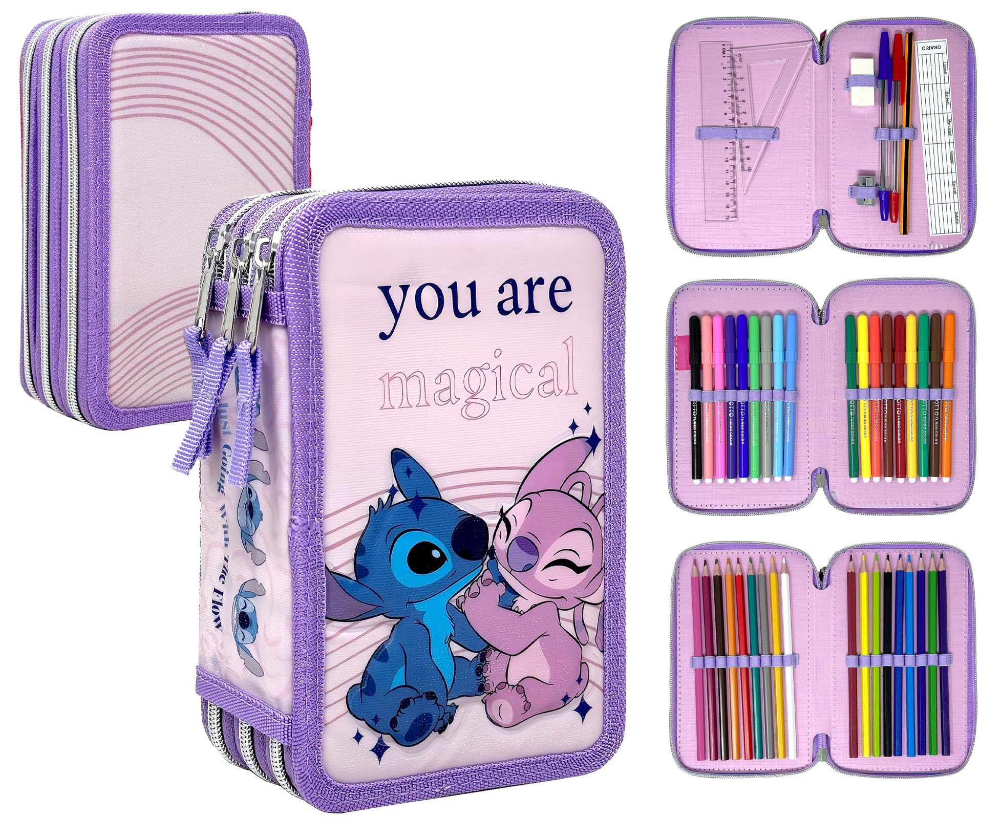 Clondo Astuccio 3 Scomparti 3D Bambini Stitch Angel Fan 44 Accessori Scuola Elementare 20 cm