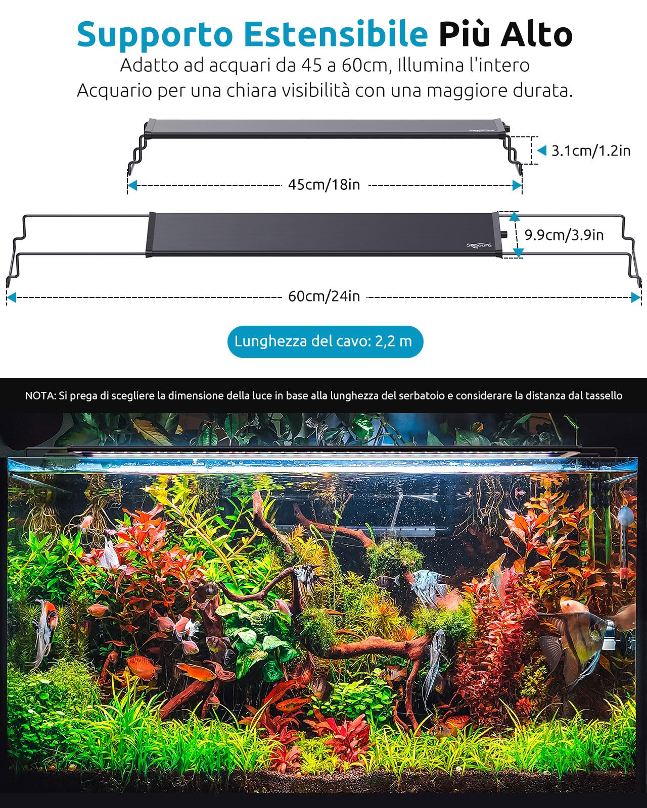 SEAOURA Luce per Acquario LED a Spettro Completo con Timer, 8 Colori, 20 Luminosità, 45-60cm