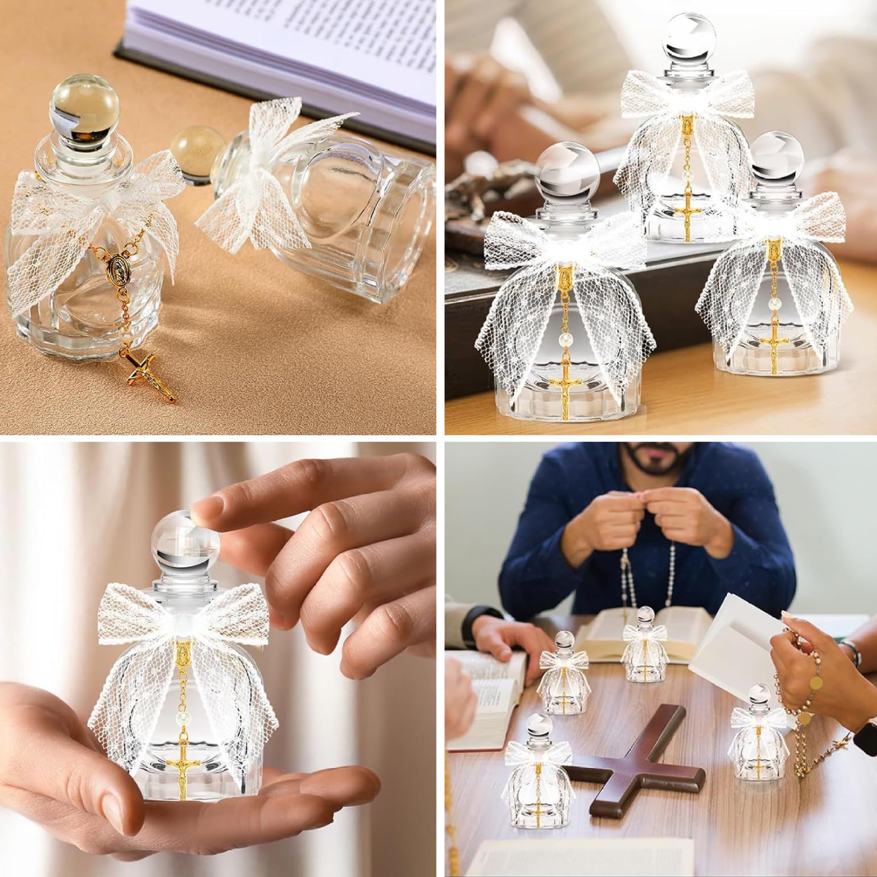 Weihwasserflaschen-Set mit 12 Stück – elegante Glasflaschen mit Kreuzarmband und Spitzenschleife für Taufgeschenke, Kommunion, kirchliche Hochzeit, Weihwasserbehälter