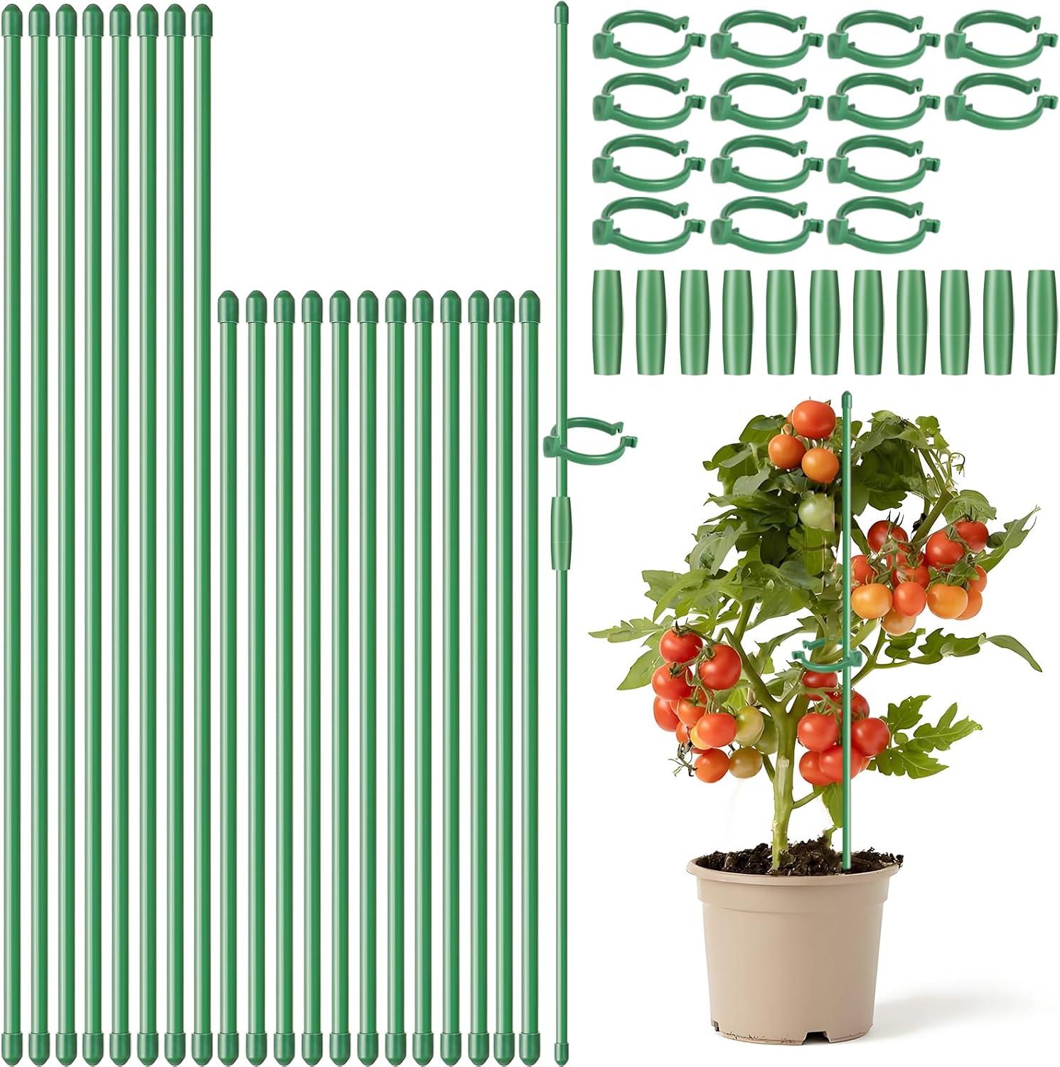 Plant Stakes, 20 Pcs Plant Support Sticks Adjustable Length with 20 Clips and 10 Links for Indoor Outdoor Garden Potted Rose Tomato Vegetables-15.7 & 12inch
