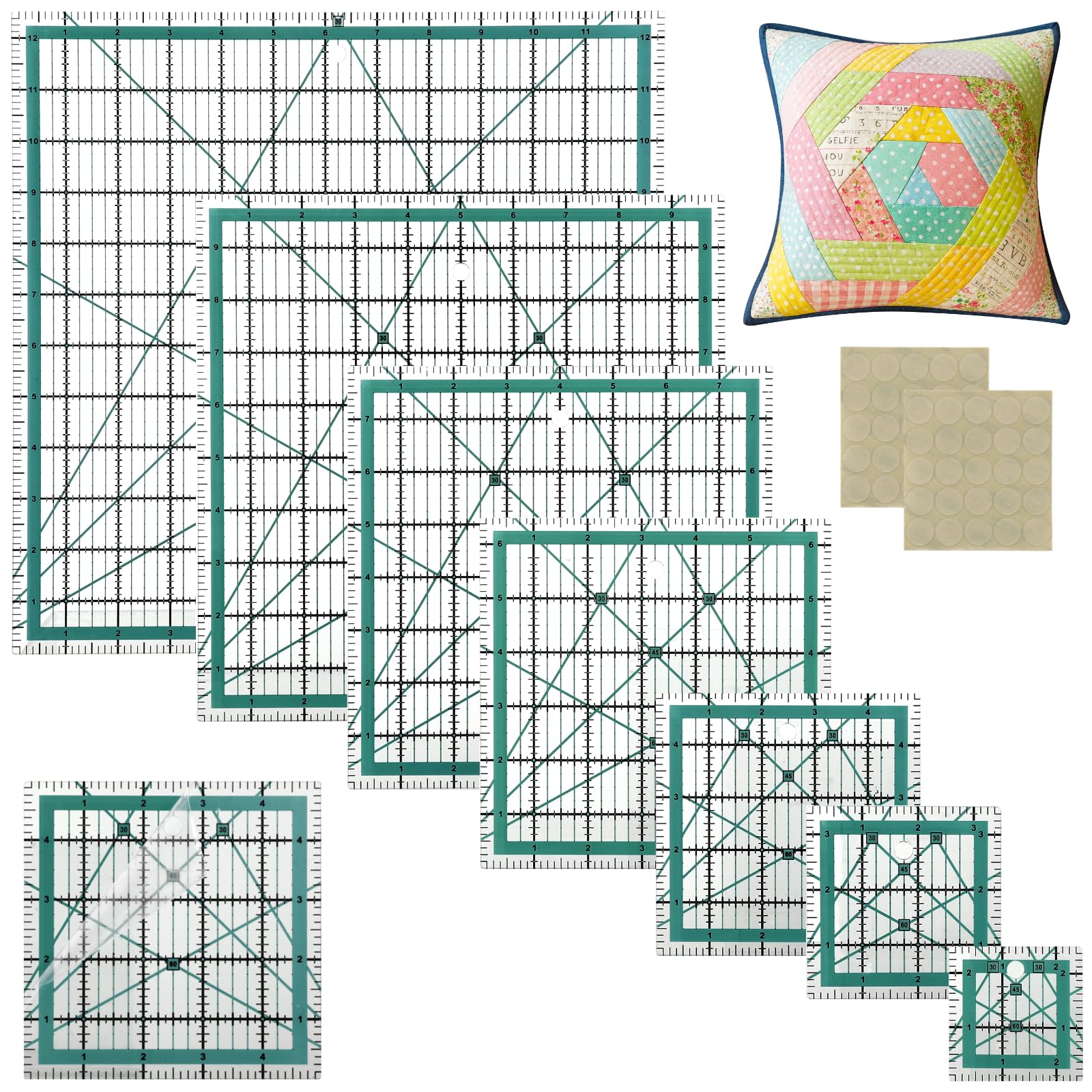 7 Pcs Quilting Rulers Set, Acrylic Quilt Cutting Rulers in 2.5 to 12.5 in Sizes, Clear Two-Color Markings and Angle Lines, Non-Slip Pads for Sewing and Patchwork, Precision Measuring Tools