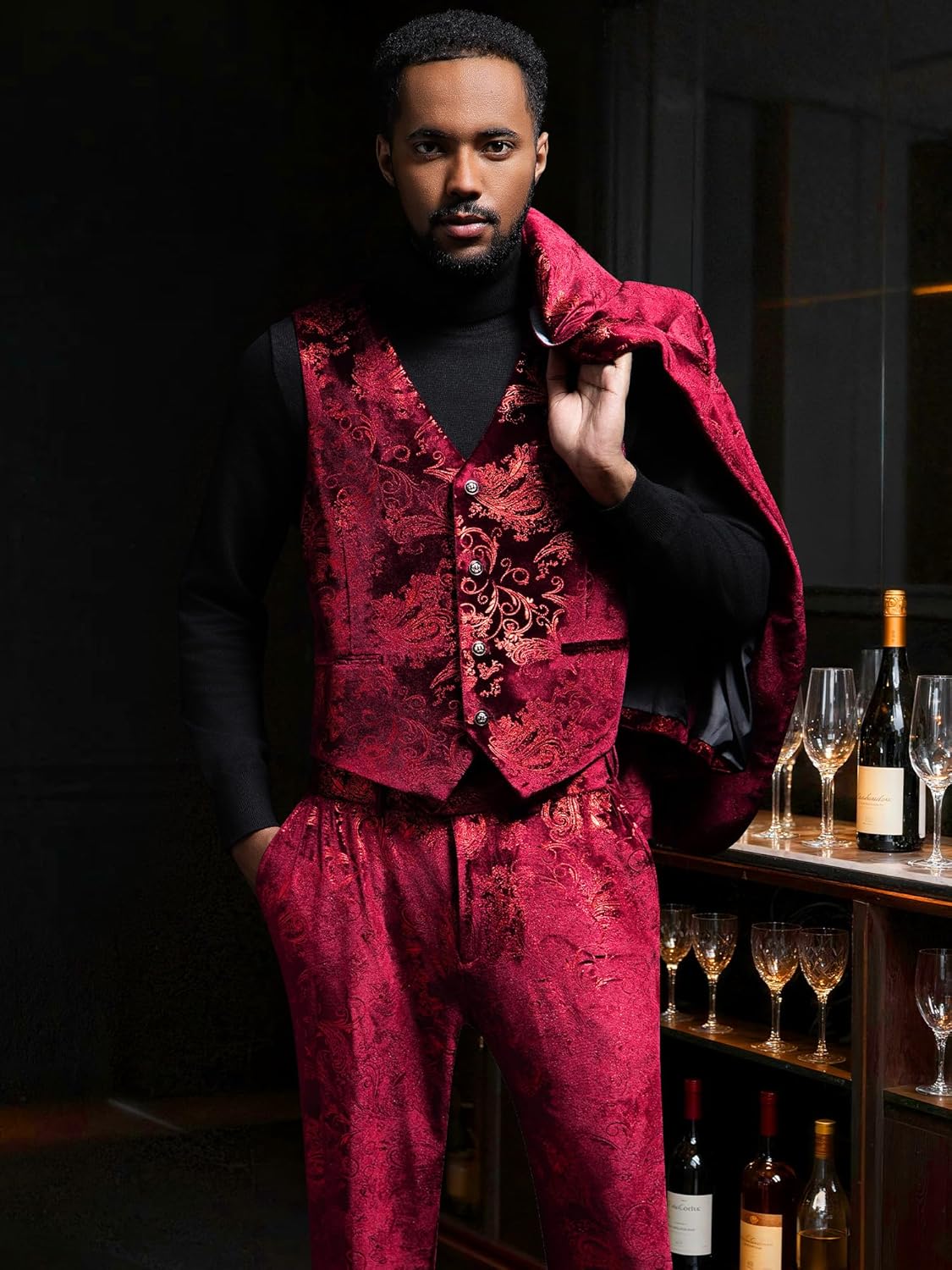 MAGE MALE Mens Suits Dress Floral Tuxedo Slim Fit 3 Piece Suit 2 Button Prom Party Blazer Vest Pants Set with Bow Tie - Image 7