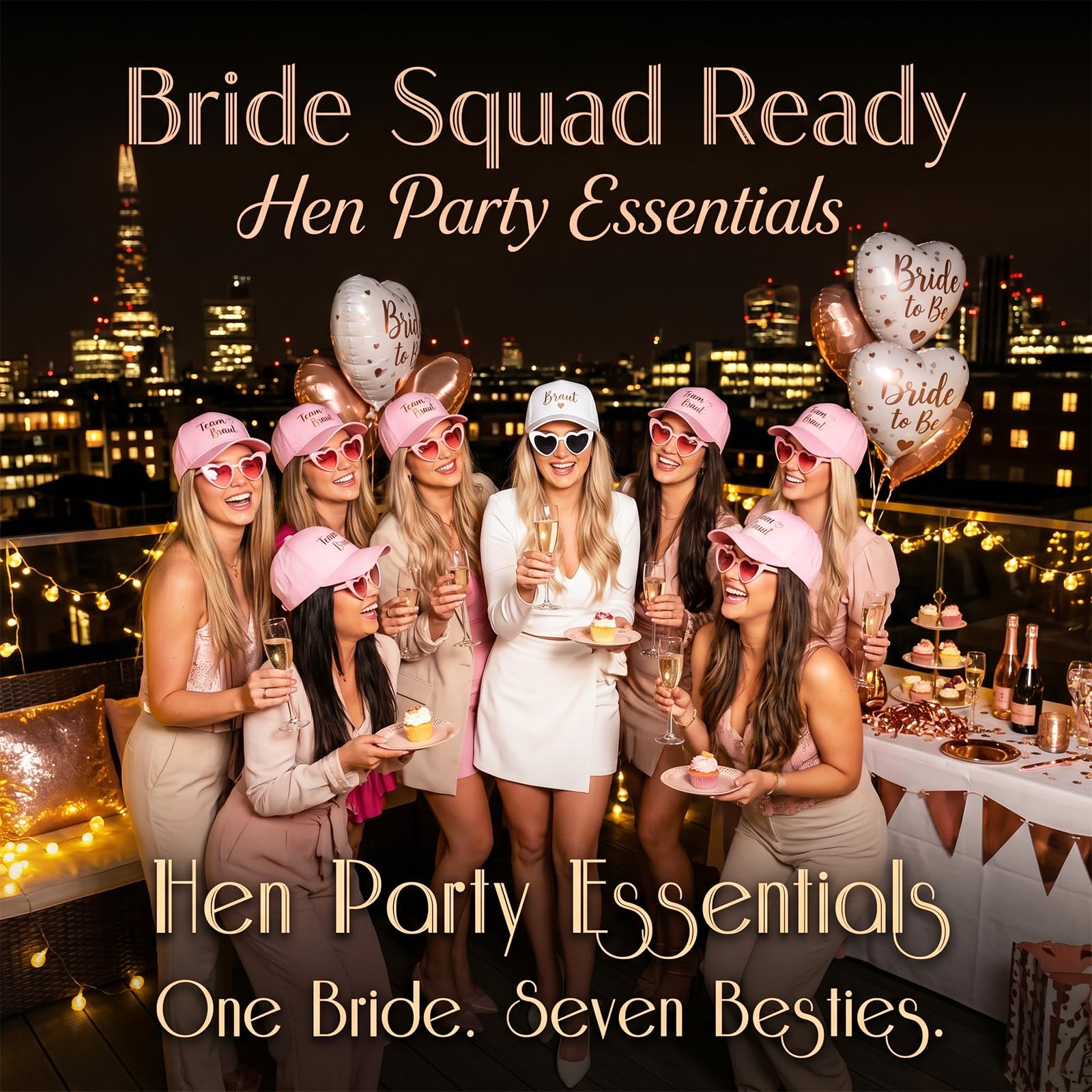 BBTO 16 Pièces Sets d'Accessoires pour Enterrement de Vie de Jeune Fille | 7 Casquettes Roses Team Braut & 1 Casquette Blanche Braut 8 Lunettes de Soleil de Fête Fête Prénuptiale Mariage Photo