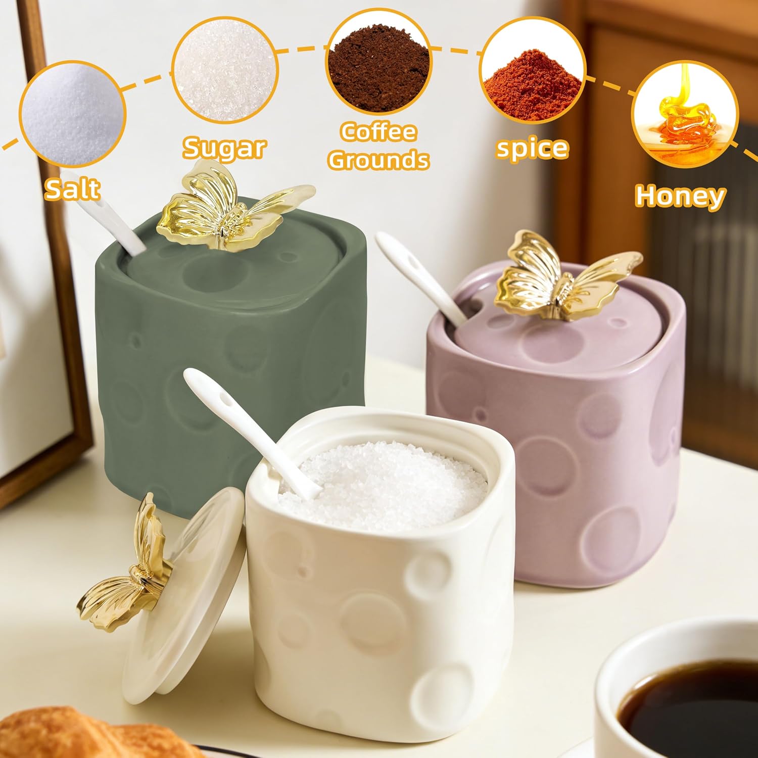 Ceramic Sugar Container, 6.7ounce Sugar Bowl with Lid and Spoon,Sugar Jar with 3D Golden Butterfly Decoration for Coffee, Salt, Spices,Sugar Holder for Coffee Station Accessories,Green