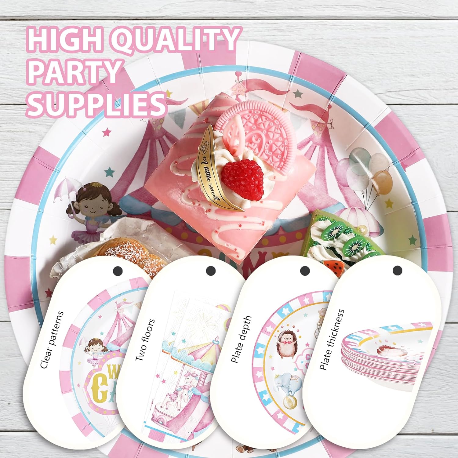 Grencian 96Pcs Pink Circus Party Supplies Welcome to Carnival Plates and Napkins Tableware Sets Circus Carnival Pink and White Stripes Disposable Decoration for Girls Birthday Festive Themed Serve 24