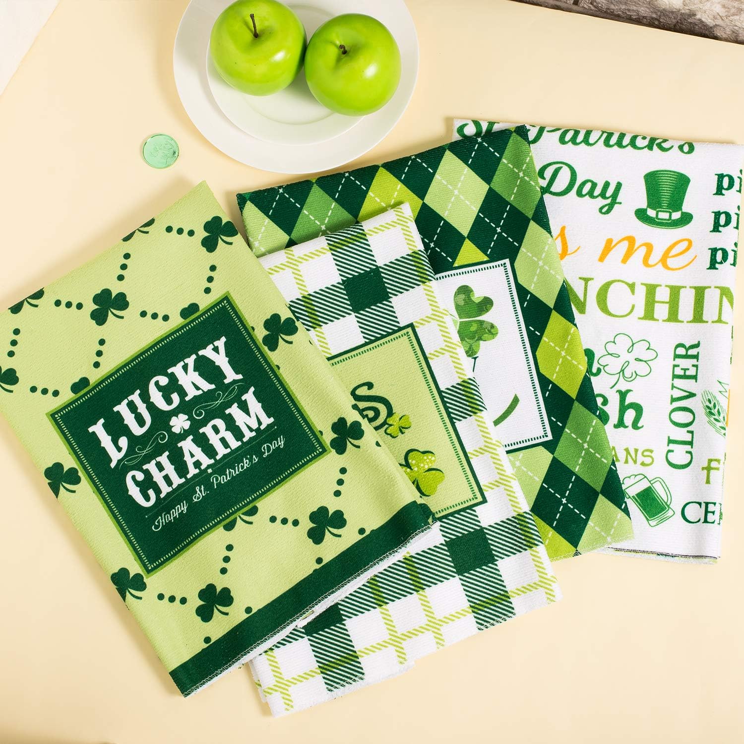 Whaline 4 Pack St Patrick's Day Towels Set, Shamrock Clover Green Plaid Kitchen Hand Dish Towels for Gift-Irish, Holiday, Home Decor (18" x 28")
