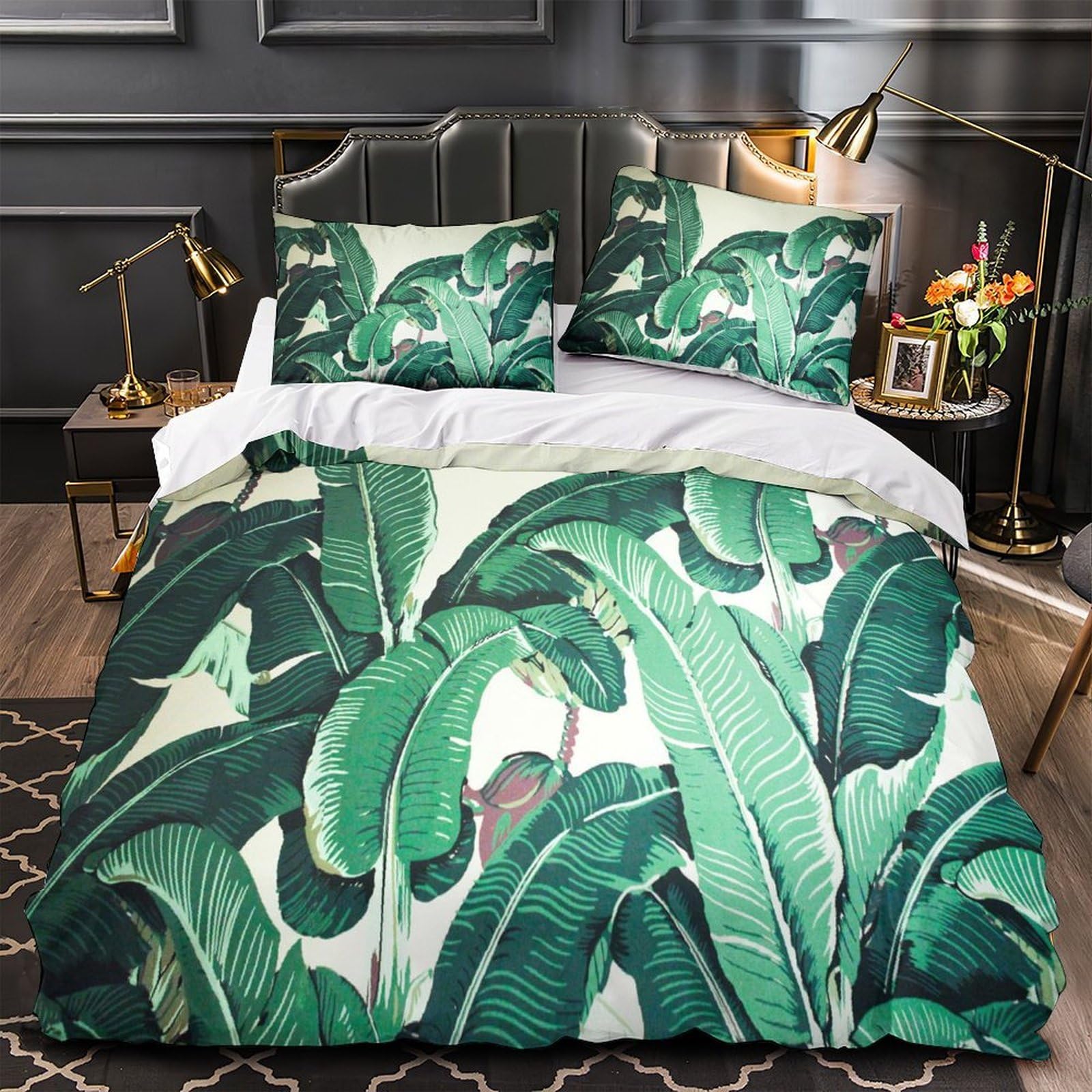 Parure de lit luxe imprimé 3D feuilles tropicales housse couette microfibre