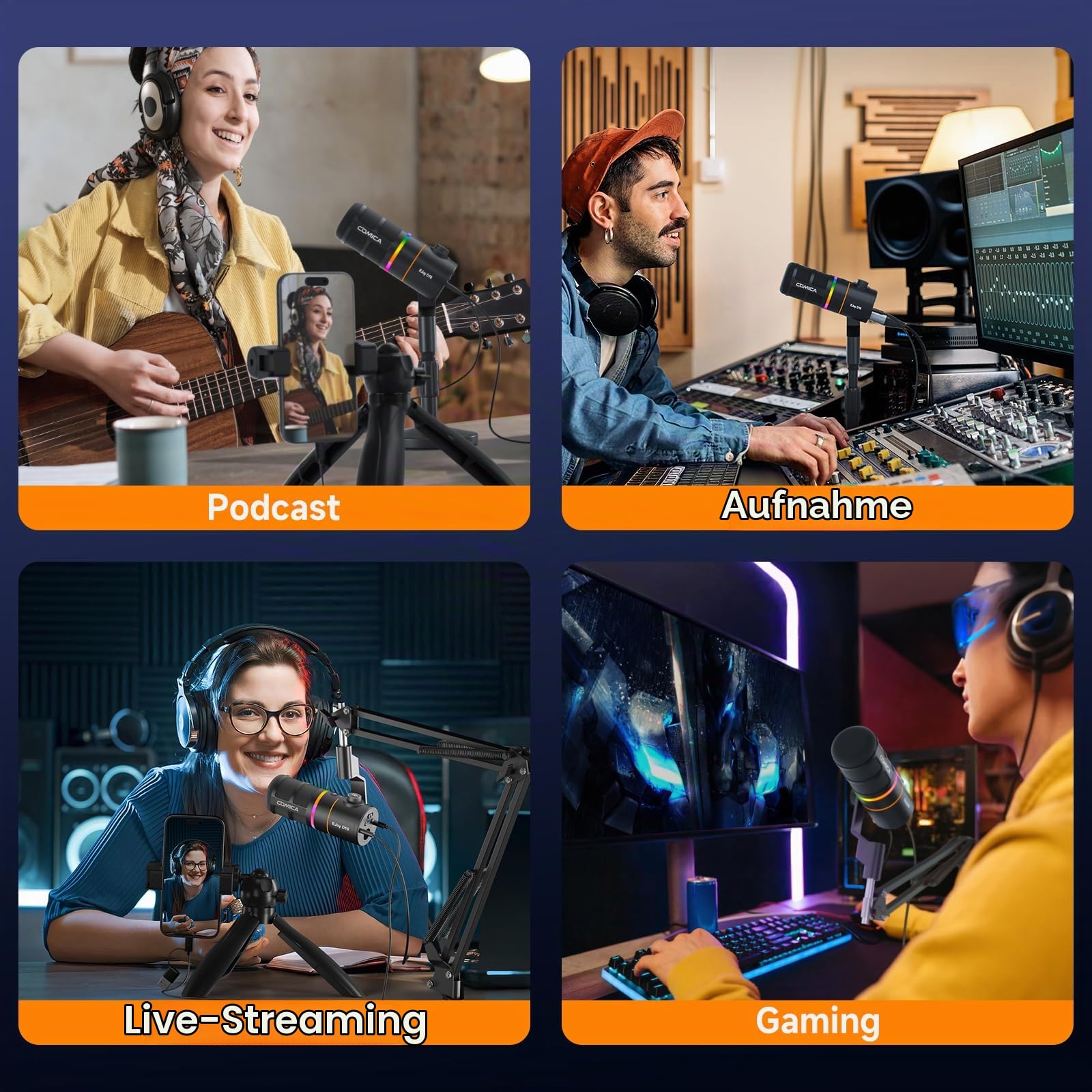 COMICA EJoy D10(A) Dynamisches Gaming Mikrofon mit Arm (Schwarz) | XLR/USB-C Dual Output, Calmix Noise Cancellation, RGB Beleuchtung & Mikrofonarm für Podcast Streaming Studio, für MAC PS4 PS5