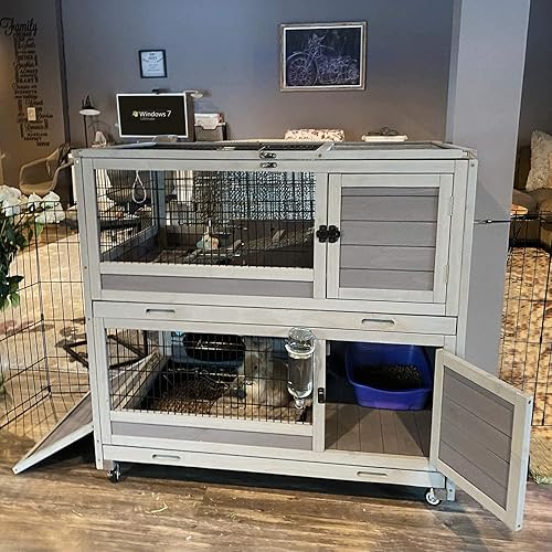 Miniatura 5 de Aivituvin Jaula de conejo para exteriores e interiores sobre ruedas, jaula de conejo con bandeja extraíble profunda sin fugas, versión mejorada