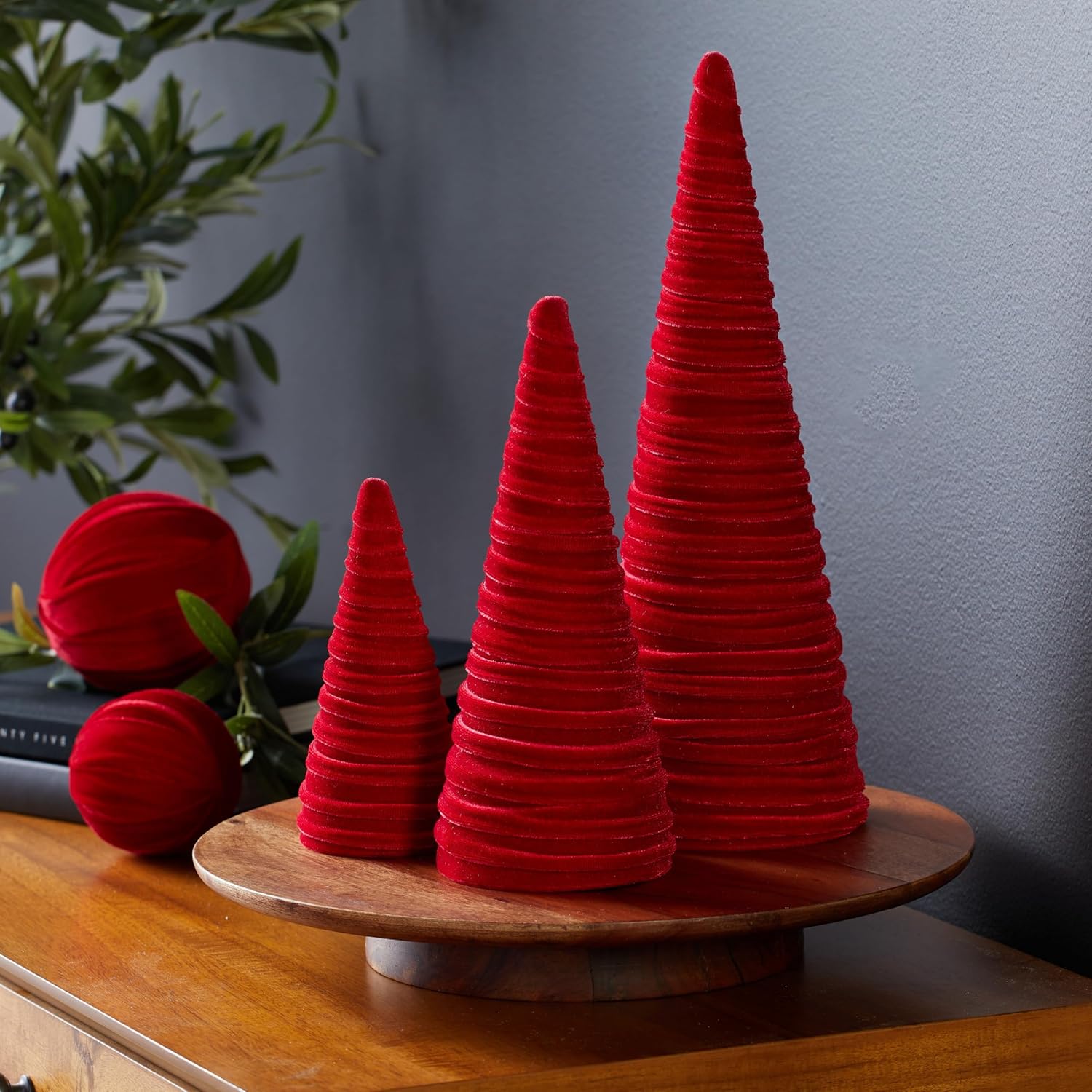 Red velvet cones set of 3, Wedding Centerpiece, Tabletop Tree Decor, Christmas tablescape, Handmade Romantic Decor, Bookshelf Accent, Gift (Red)