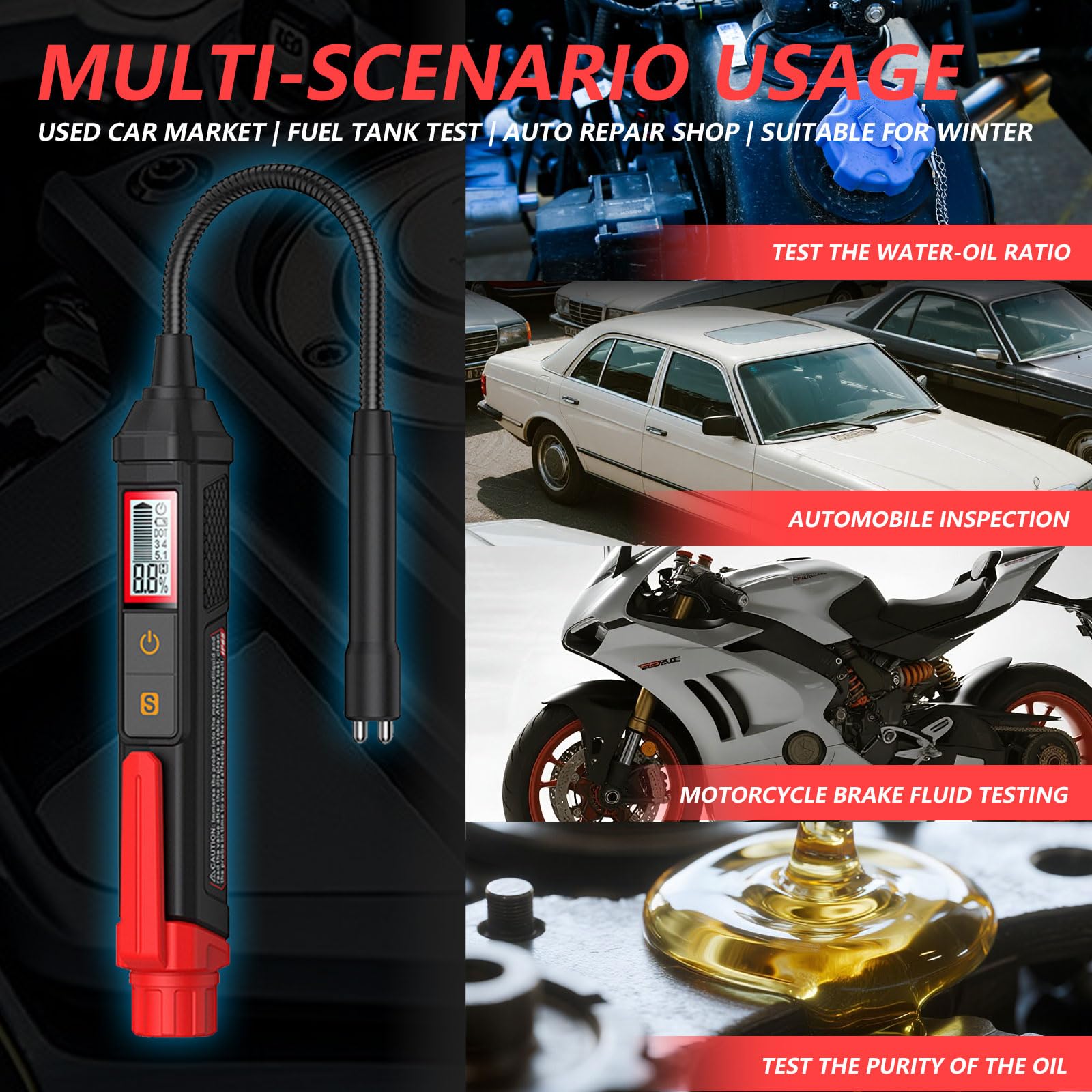 Tester del Liquido dei Freni con LED per DOT3 DOT4 DOT5.1, Auto e Moto, Risultato in 3 Secondi, Avviso a 3 Colori, Include 2 Batterie AAA