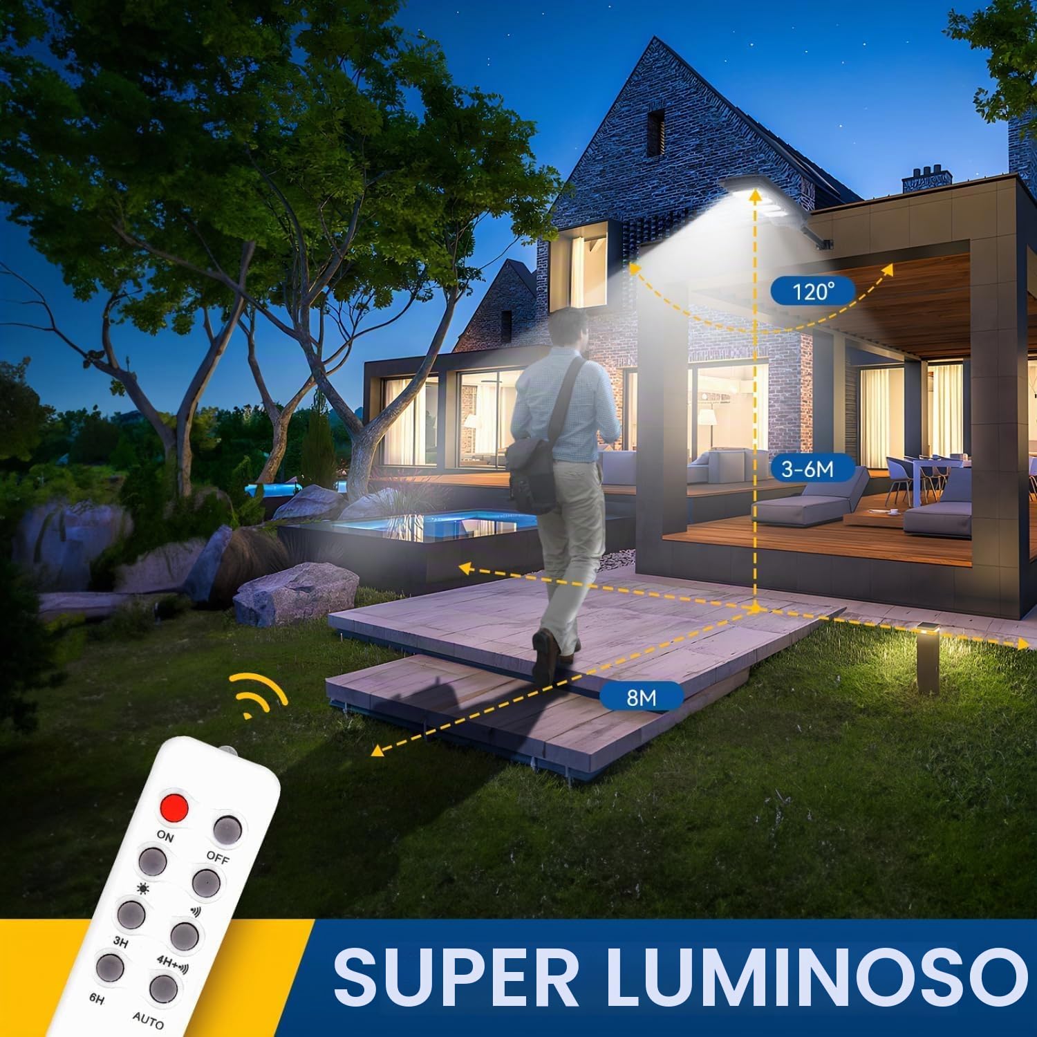 Lampione Solare da esterno con Sensore di Movimento,Faro LED esterno con pannello solare da 200W con Telecomando,Faretti Solari Impermeabile IP65 6500K,Adatta per Giardino,Cortile,Strada, Viale, Campo