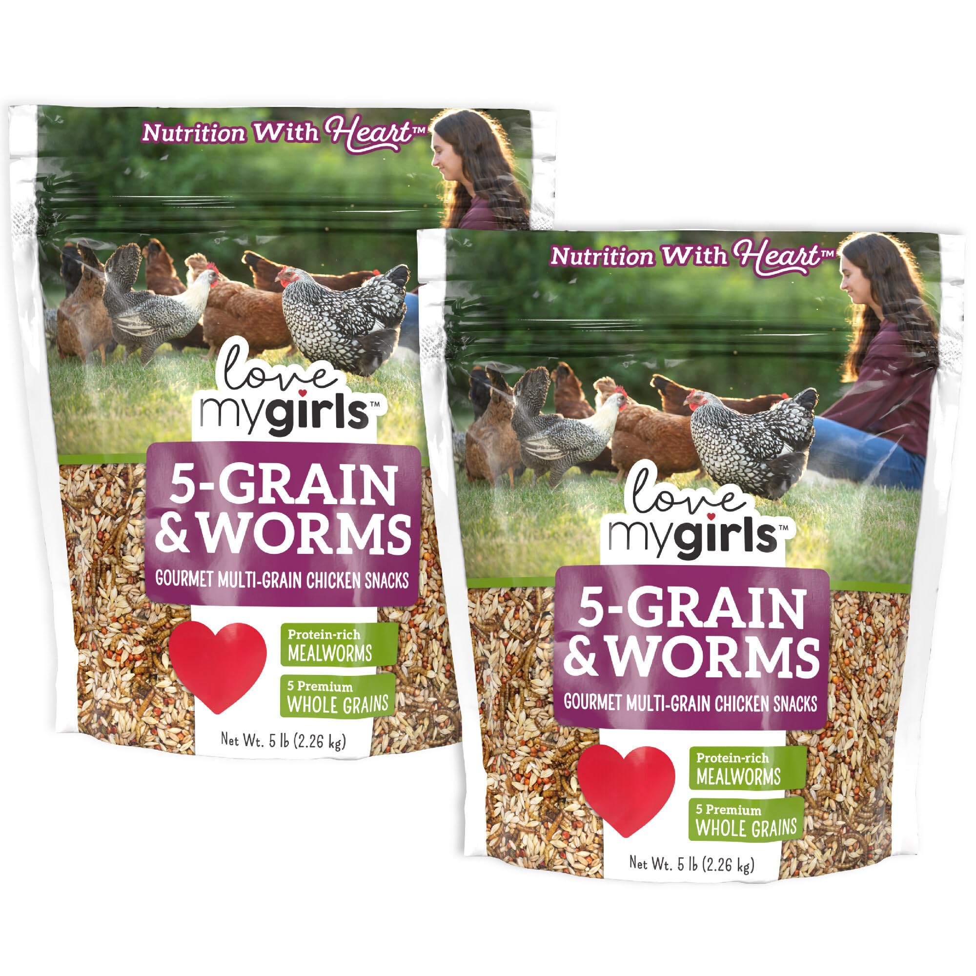 Love My Girls 5lb 5-Grain &amp; Worms Chicken Treats, Corn-Free Snack, 2-Pack