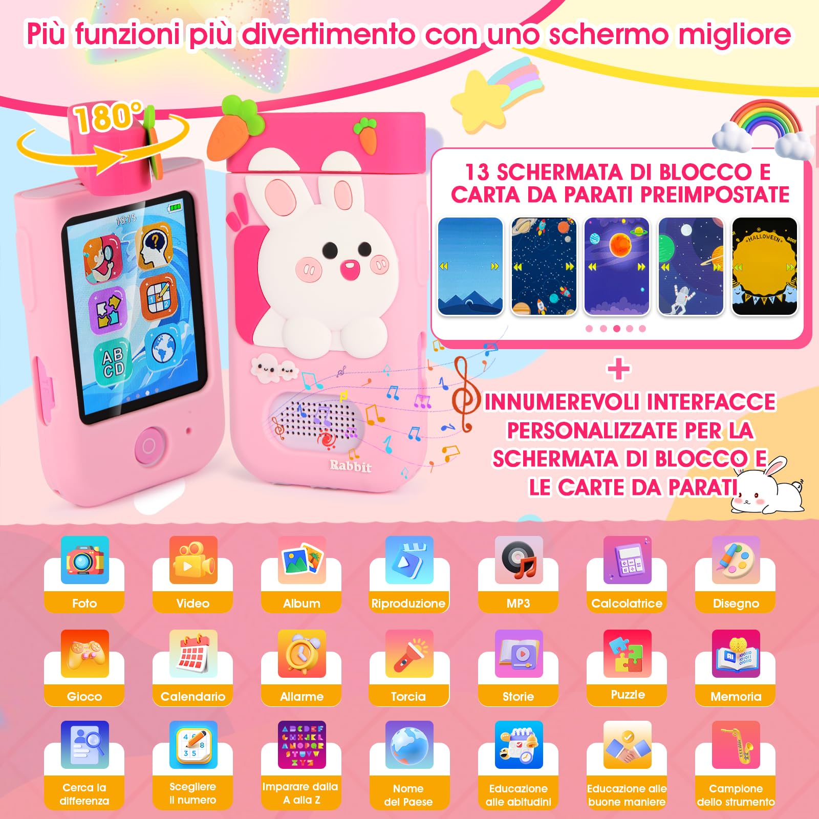 Telefono Per Bambini, ZUEOKAI Macchina Fotografica Bambini Touchscreen, 180° Obiettivo, Video 1080P con Custodia Silicone, Regali di Natale e Compleanno per Bambini, Regalo Bambina 3 4 5 6 7 8 Anni