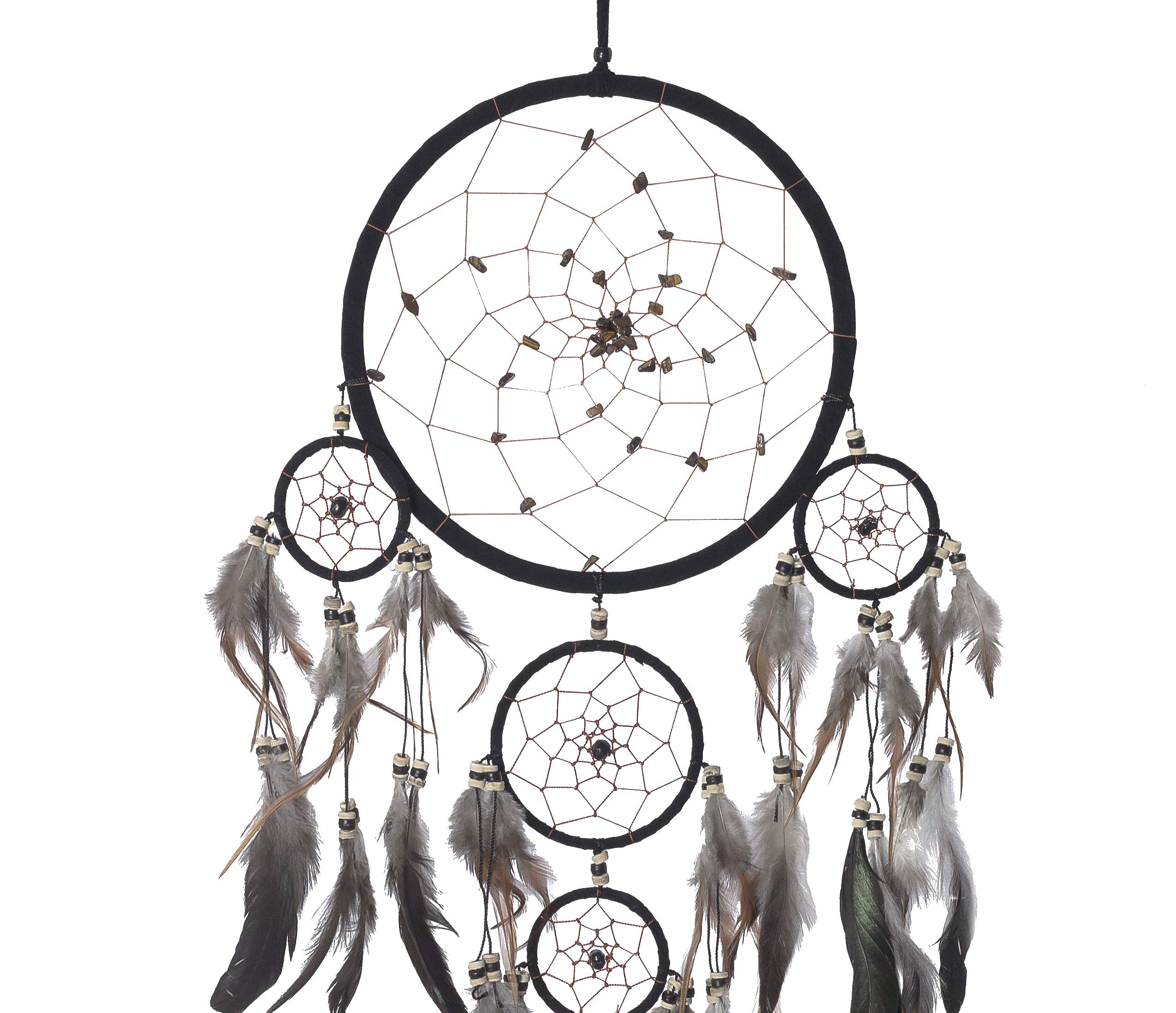 OMA Schwarzer Traumfänger, Wandbehang mit Tigeraugen-Steinen und Federn, schwarzes Wildleder, traditioneller Traumfänger, Boho, Heimdekoration, Schlafzimmer, Dekoration, Geschenk, große Größe – 71,1