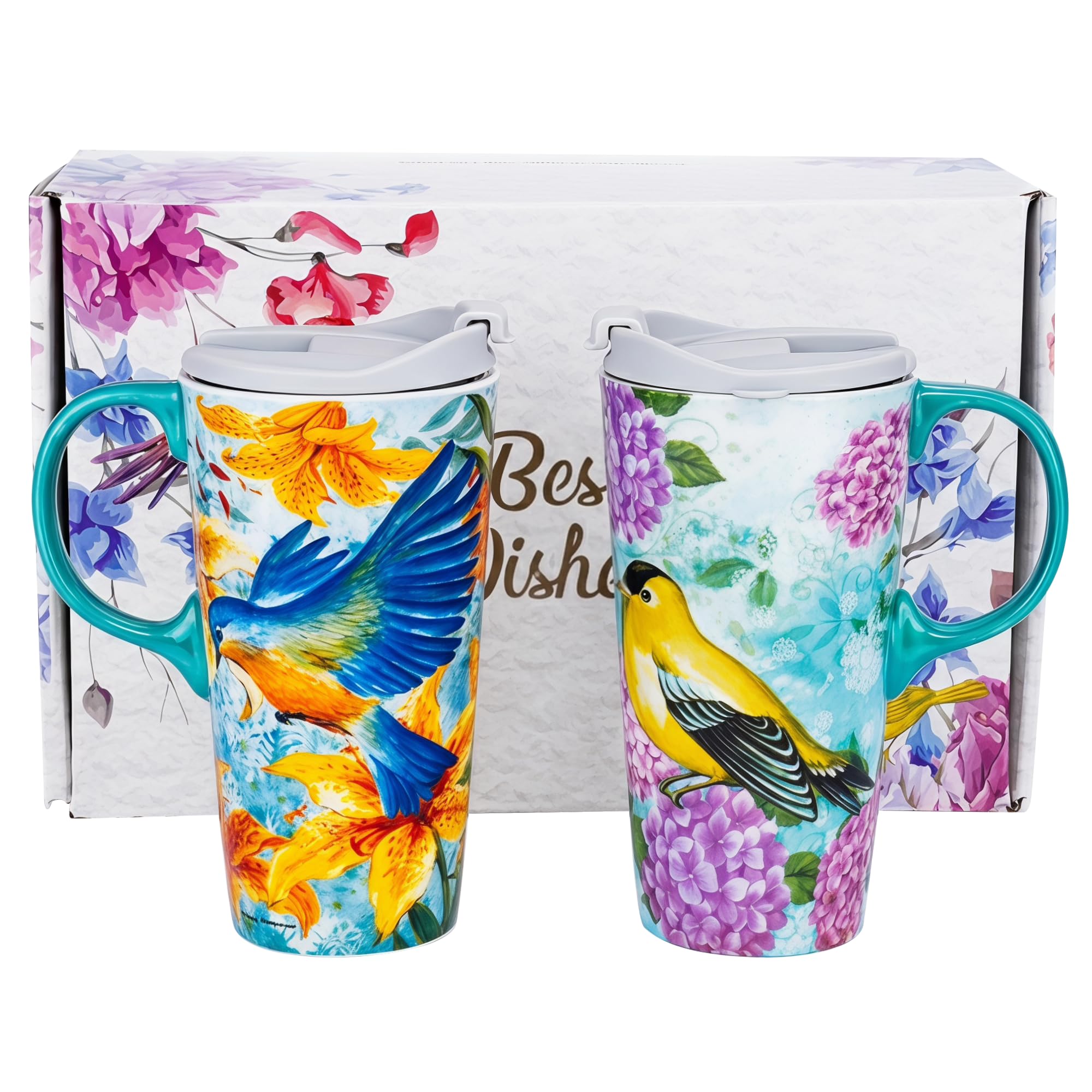 Taza de café de cerámica, juego de tazas de viaje de café con asa y tapa, taza de viaje para porcelana, 17 onzas, taza de té alta para el hogar y la oficina, taza con patrón artístico de colibrí