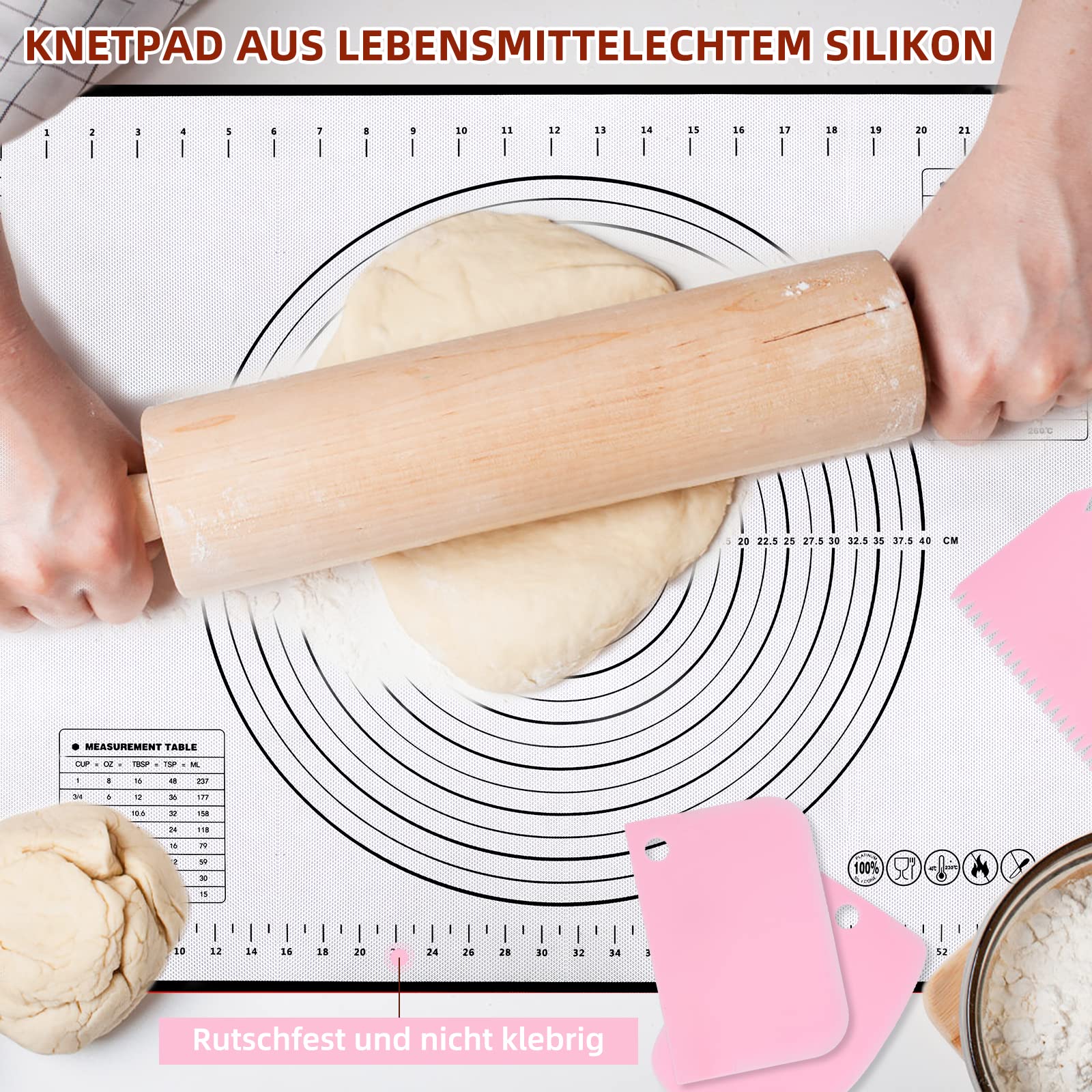 Silikon Backmatte 70x50cm Mit 3 Schabern - Antihaft Für Teig, Kekse & Pizza