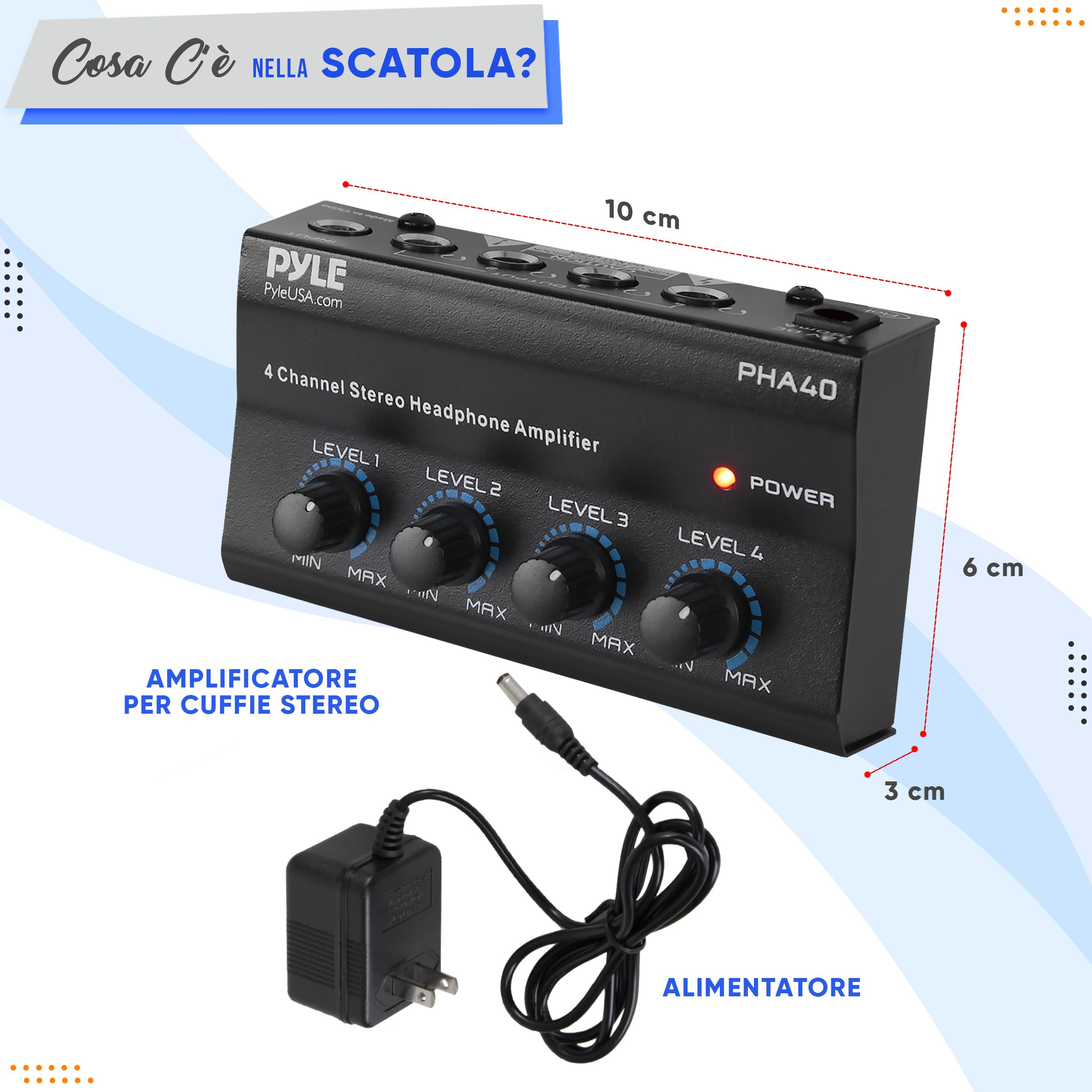Pyle Preamplificatore Phono, Giradischi - Amplificatore Audio Stereo 4 Canali Portatile con Jack Bilanciato TRS da 6,35 mm e Ingresso TRS da 6,35 mm