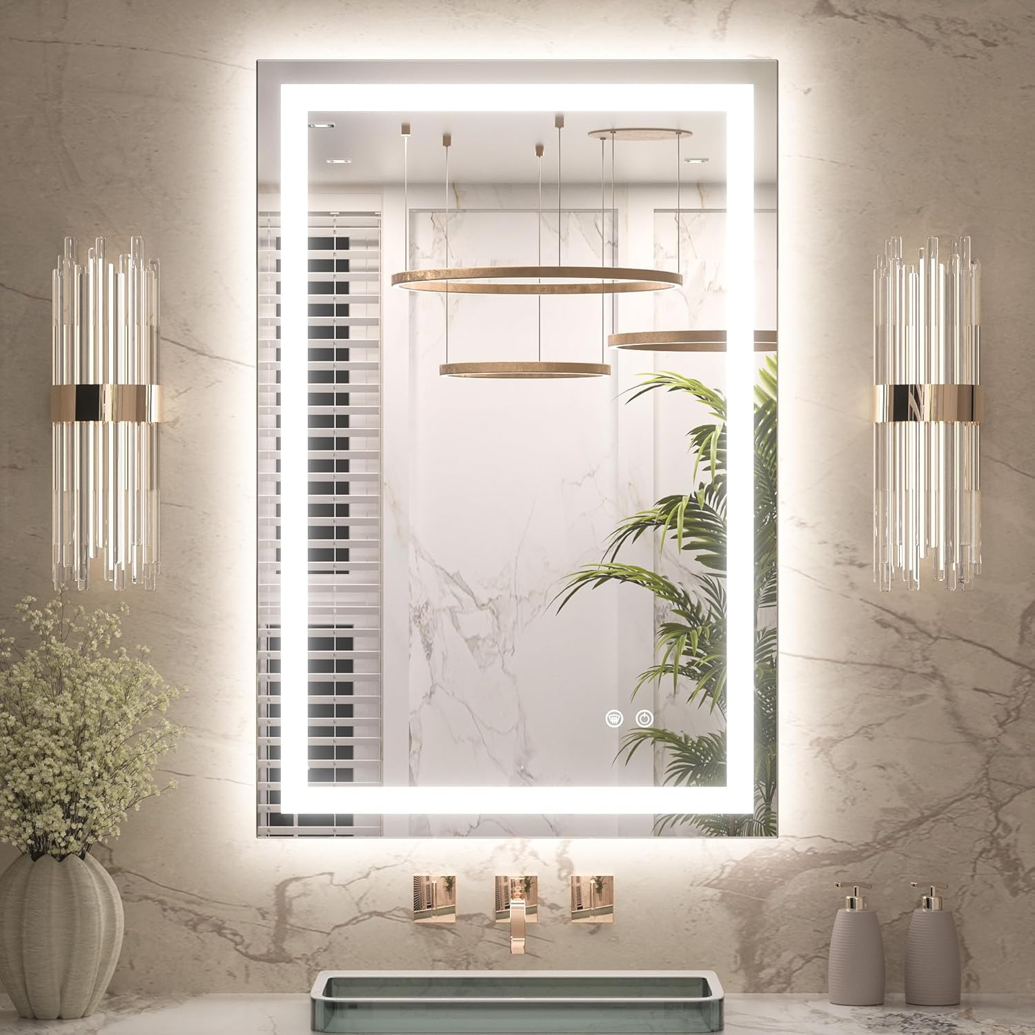 Keonjinn 24" x 36" Lighted Mirror for Bathroom Wall, LED Mirror with Frontlit & Backlit, Dimmable 3-Color Lights, HD Tempered Glass, UL-Listed LED Driver 36"L x 24"W