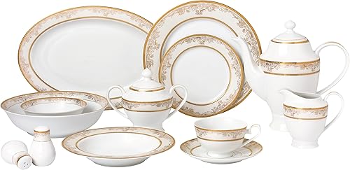 Lorren Home Trends Juego de vajilla de porcelana de hueso 'Chloe' de 57 piezas (servicio para 8 personas), color dorado