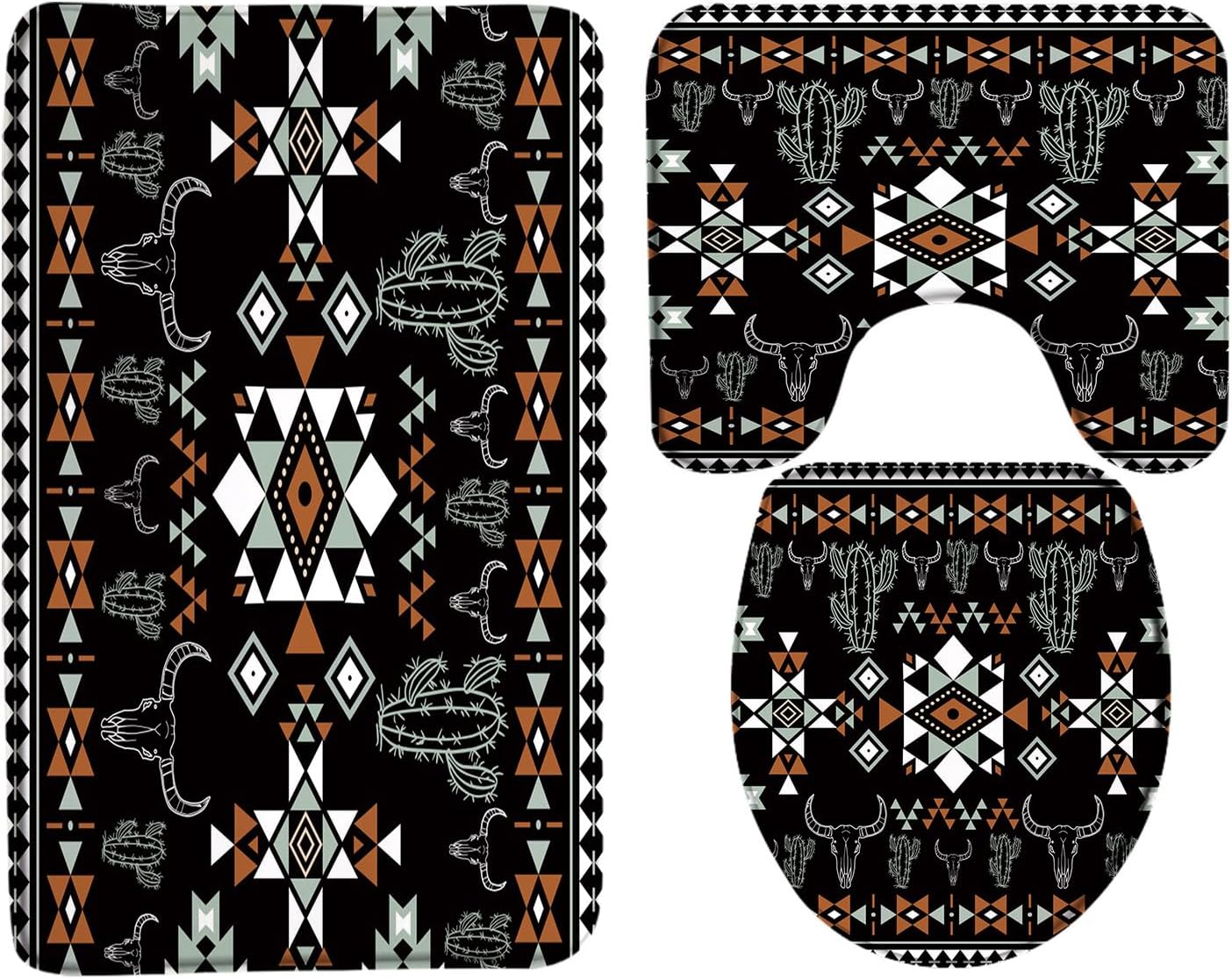 3PCS Western Aztec Bath Mat Set Vintage Boho Cow Skull Cactus Geometric Pattern Abstract Cowboy Native White Brown Black Bathroom Bath Mat，U-Shaped Contour Rug and Toilet Lid Cover