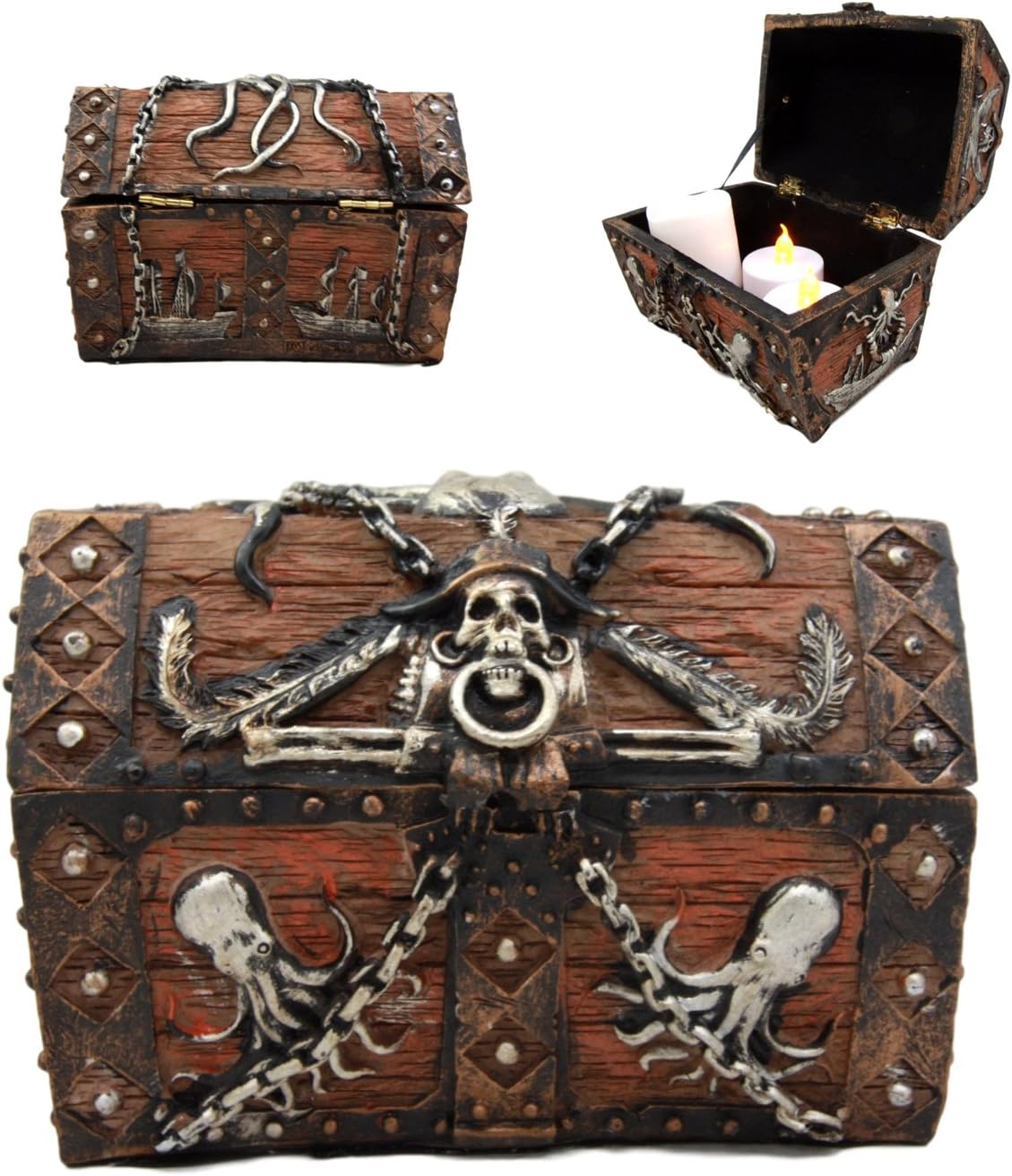 Ebros Gift Caribbean Kraken Octopus Pirate Haunted Chained Skull Decorative Treasure Chest Box Jewelry Box Figurine 5"Long Nautical Coastal Ocean Decor