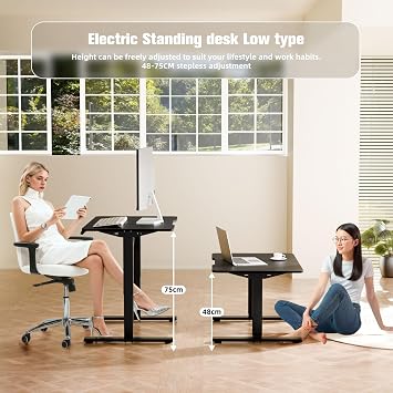 ERGOMAKER Small Standing Desk 80x60 cm Low Height 48-75 cm, Electric Height Adjustable Desk with Wheels & Hooks, Stand Up Desk with Memory Handset, for Home Office, Black