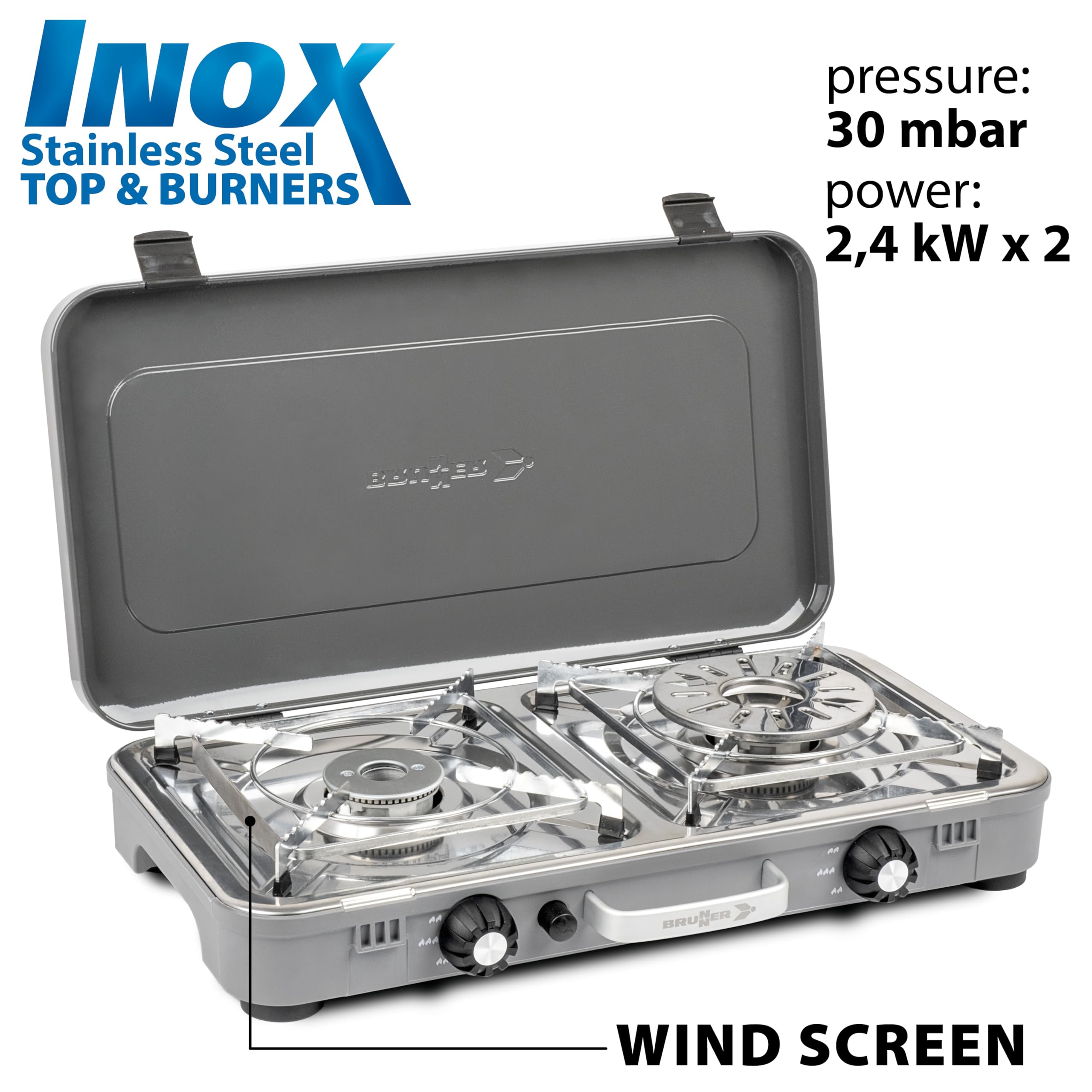 Brunner Fornello a gas DEVIL KOOKMASTER GP - Doppio bruciatore di 2,4 kW, accensione piezoelettrica, coperchio e maniglia per trasporto, con piastra liscia/rigata, 30mbar - Perfetto per cucina outdoor