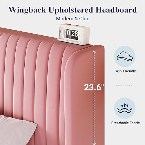 Miniatura 5 de Allewie Full Size Velvet Bed Frame/Vertical Channel Tufted Wingback Headboard/Upholstered Platform Bed/Strong Wooden Slats/No Box Spring Needed/Easy