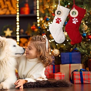Mostop Knit Christmas Stocking, Large Red Pet Stocking with Paw Embroidery Xmas Hanging Stocking for Home Decorations Party Favor Supplies